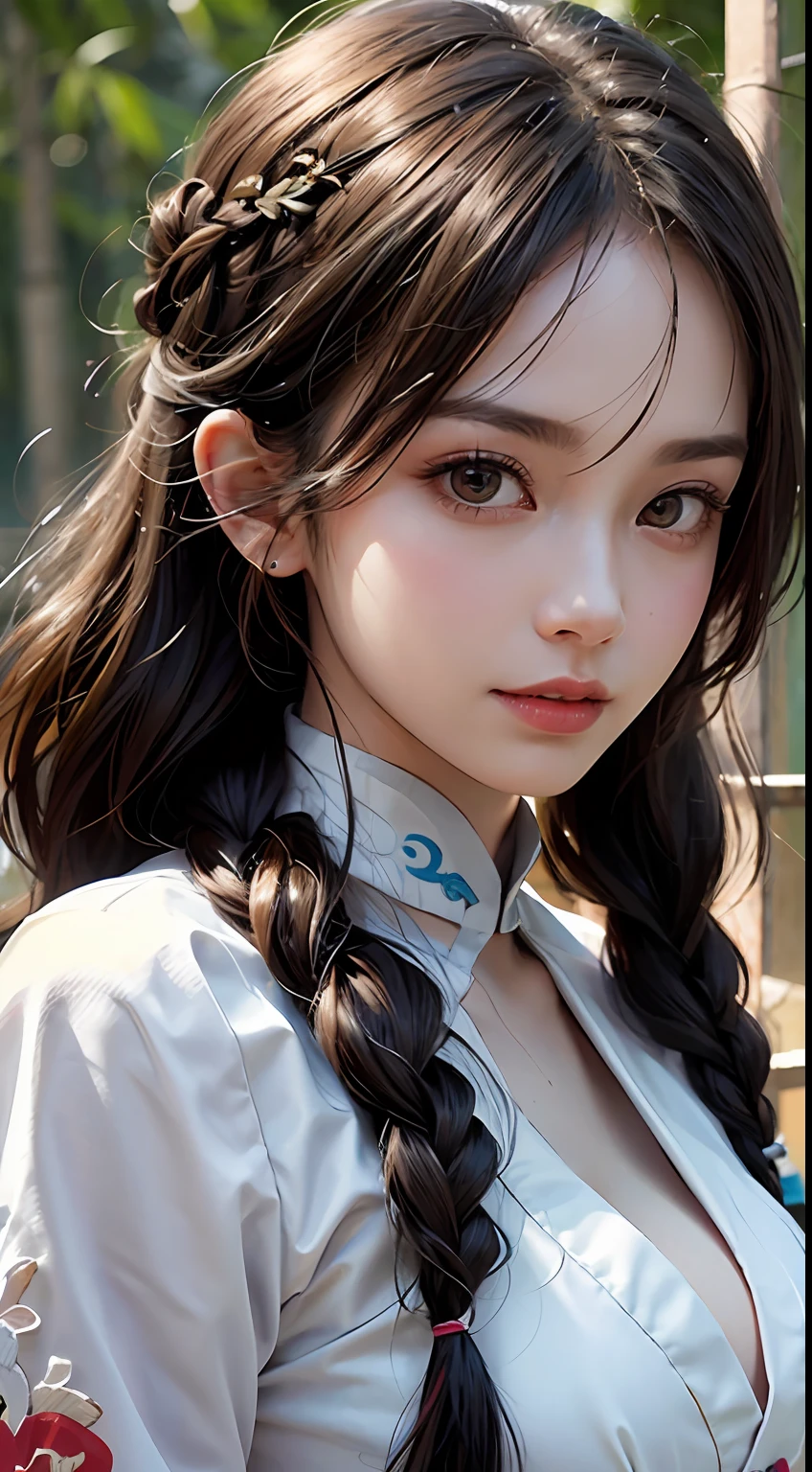 15-year-old smiling female classmate，（best qualtiy，8K，tmasterpiece:1.3），Goose egg face，largeeyes，long eyelasher，With bangs，Cool handsome，Domineering，Exquisite（live-action realistic style），Star-like eyes，Ultimate face，Photorealistic light and shadow，Clear facial features，Milky white skin，Fair skin， highdetailskin， Realistic skin details， Visible Pore，（Super detail），Petite body，（perfect bodies：1.1），Carmelto， full bodyesbian，Two braids，Hanfu，Ribbons，（（dynamicposes），Play Tai Chi，Show Kung Fu），（（bamboo forrest，in the early morning，Neat lines）），((Dynamic background((volumettic light：1.3)) ，Dramatic scenes