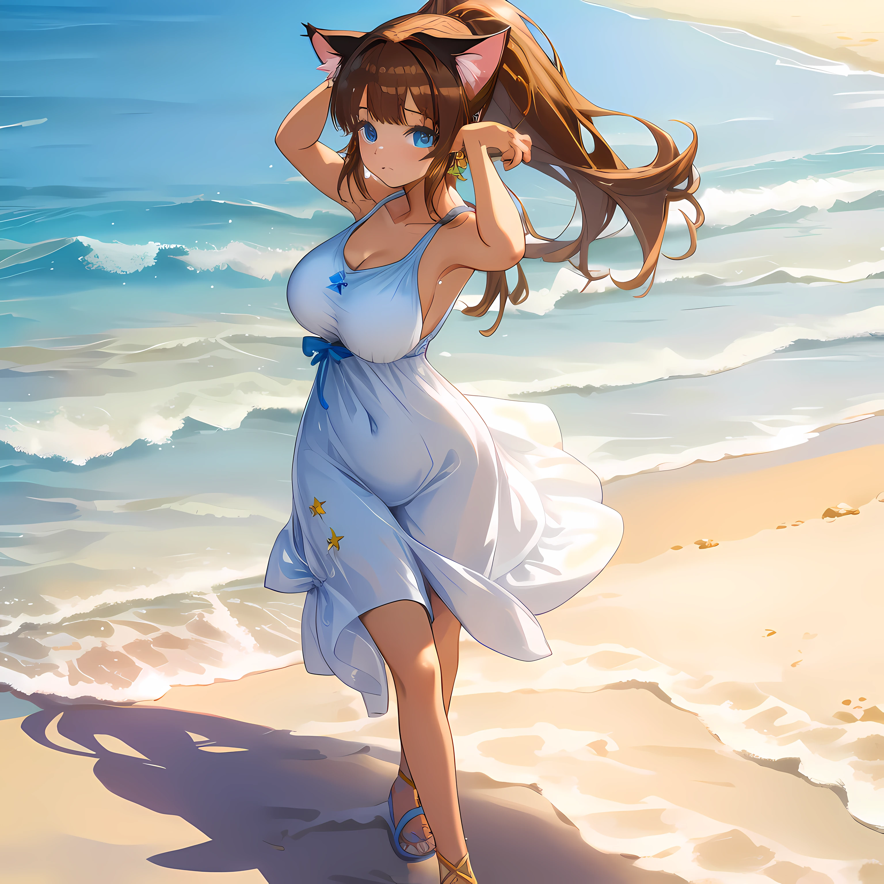 (Highly detailed CG Unity 8k wallpaper), (Best Quality), (Super Detail), (Best Illustration), (Best Shadow), POV, Realistic lighting and shading, Natural light, Lens flare effect, BREAK, 1 beautiful girl, Solo,(Cute:1.5),(Chibi:0.8), (kawaii:1.5),(Lori:0.5), BREAK,  ( (17 years old girl), Very detailed, colourfull, highest details, BREAK, (Huge breasts: 1. 2,), Clear skin, Beautiful skin, Shy skin, 1 beautiful girl, Brown hair, (Cat ears, Ponytail, medium-Long hair: 1. 2), (Light blue eyes, long eyelashes, Double eyelids: 1. 2), Solo,  gleaming skin, BREAK,(Wet Casual Beachwear:1.2), (lightweight summer one-piece dress:1.2), (a straw fedora hat:1.0), (flipflops:1.0), (star-shaped earring:1.1), (Lace headband:1.0), (Cute Accessories:1.3), (Fingers stuck in crabs,Pained face:1.1), (Casual pose, Walking:1.3), (Beach background:1.3), (Holding a large float with both arms:1.1), BREAK,🌇,