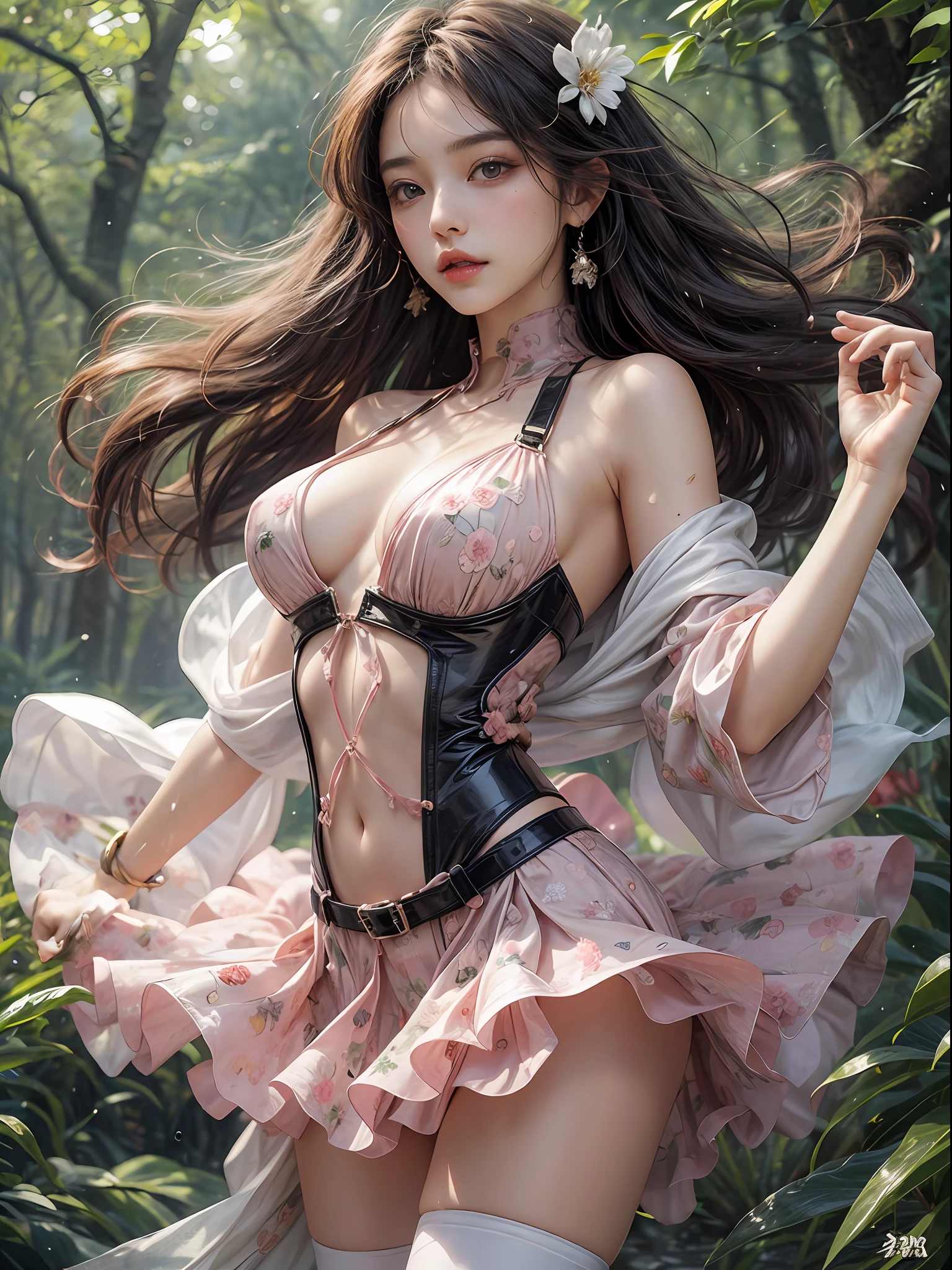 Holding a large see-through stole with pale pink floral pattern with both hands、Swaying in the wind。semi transparent、shackle、Halter Neck Bodysuit、Rubber Suit Corset、garterbelts、Upper eye、light-colored skin and loose navel skin,,,,,,,,,。Skirt flutters in the wind and spreads。Dynamic Posing。Dancing Poses。
Loose clothing shows shoulders。Very beautiful girl at 19 years old。
Hair swaying in the wind。 masutepiece、Best Photoreal、portlate、Sheer clothing、wetted skin、Wet hair、Sexy look、Functional、Bewitching、Clothes with an open back、Oblique composition、Waterfall in the forest、Big hair ornament、Medium chest、Navel Ejection、Shiny knee-high socks、Bold open chest clothes