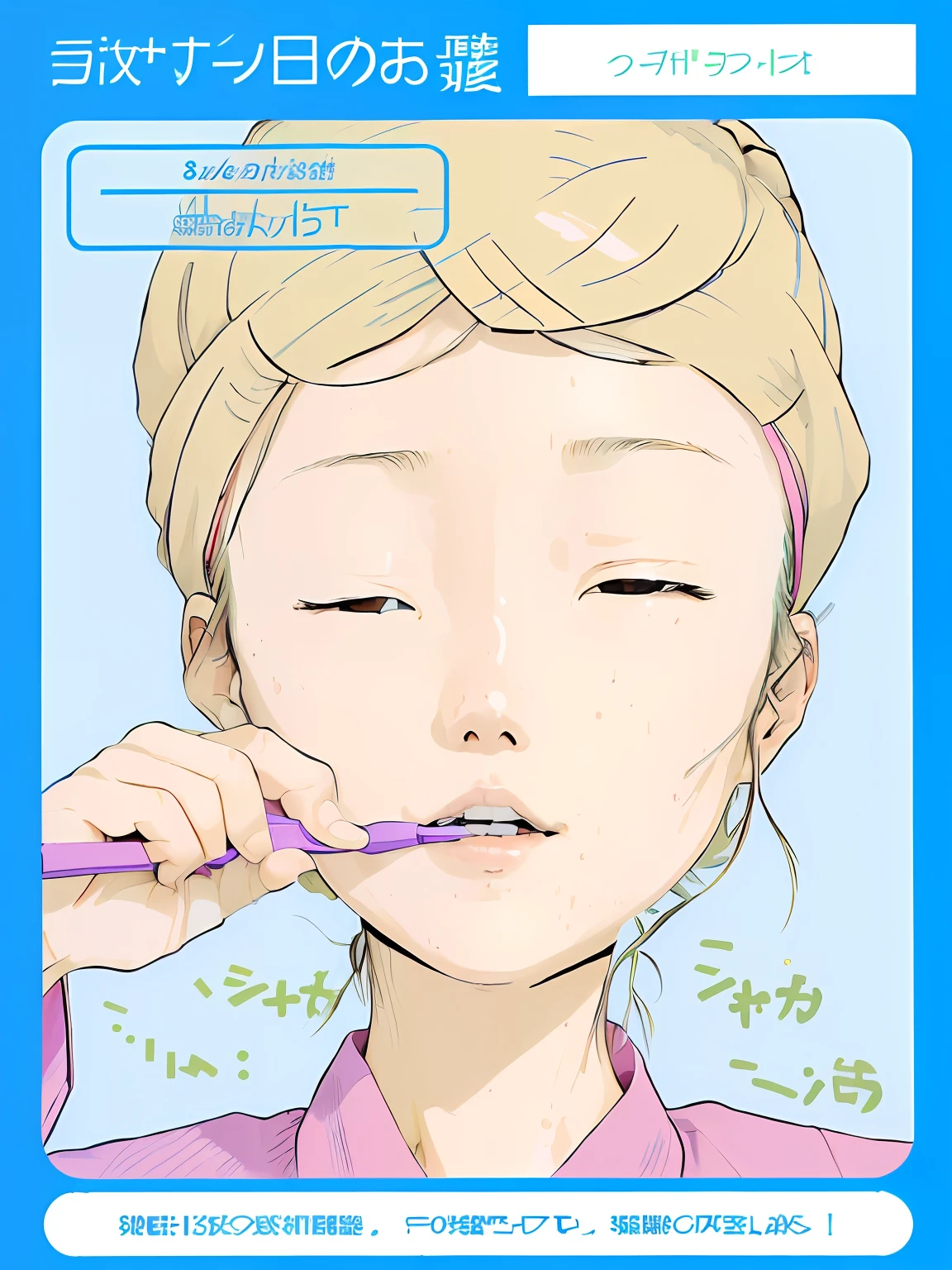 There are women brushing their teeth with a toothbrush, by Naka Bokunen, Her face flushed、Wearing sweat, shintaro kago, colored screentone, brushes her teeth, focus on facial - detail!!!!!!, mouth is simple and pleasant, digitally colored, by Miyamoto, Clean face, Clear clean face, [ Digital Art ]!!, Colored pencils