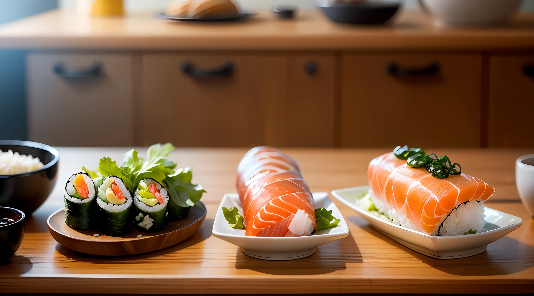 A delicate picture of sushi showing the deliciousness and fine craftsmanship of sushi. Each sushi roll should present a tight and even roll, with details showing the denseness and stickiness of the sushi rice. The outer layer of seaweed of sushi should be smooth and complete, showing a natural texture and dark color. Internal fillings such as fish, vegetables or other ingredients should show bright colors and clear shapes, and each element can be detailed to bring out its unique texture and texture. Toppings can include fresh sashimi, salmon, tuna, shrimp, etc., and can add a dash of wasabi, soy sauce, or other condiments to add flavor. The background can be a simple black or light tone to accentuate the color and shape of the sushi. Fine details and shadows make sushi look rich, inviting and authentic. (Low Photo: 1.2), Detail, 8K, (to8contrast style), (MIST: 0.7), Vivid Colors, embellish2 Phtography, HDR RAW photo, 8K, highres, absurdres, Kodak Portra 400, film grain Bokeh, lens flare, vibrant color blurry background (best quality) masterpiece, hyper-detailed, cinematic, daz, surreal --auto --s2