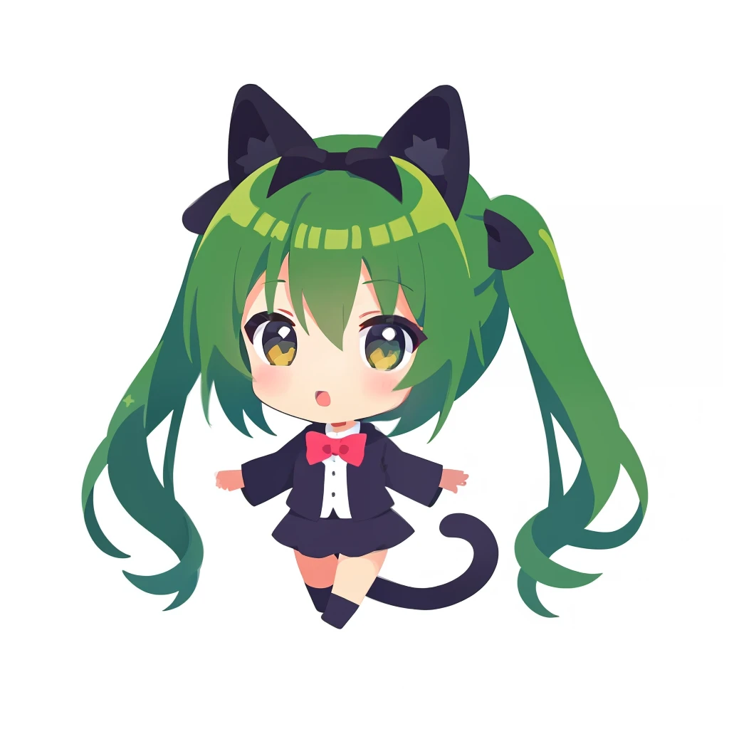 超A high resolution, nffsw, Best aesthetic, Best Quality, masutepiece, ik1、Full body depiction, Have a clean box with a ribbon、Give a gift、1girl in、Jade-colored jacket、cartoon bone、Chibikyara, Green Hair Anime Girl, flat anime style, Black cat ears, Anime girl with black cat ears, digital anime illustration, Plain white background