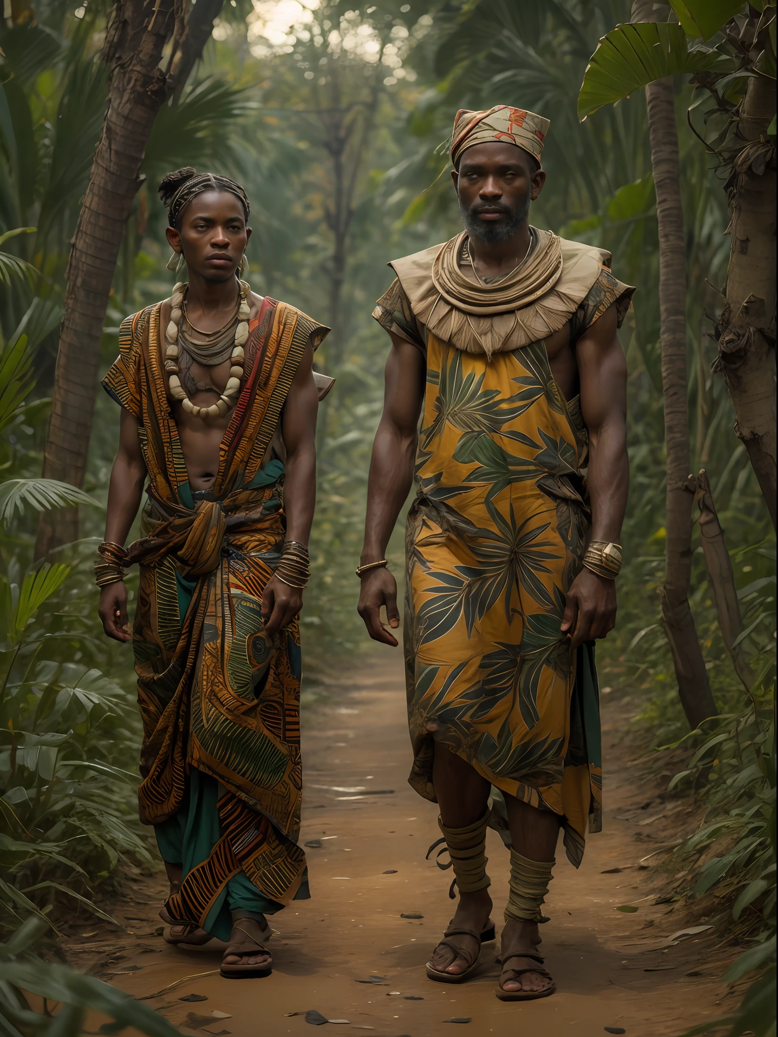 Deus masculino africano, Oxossi, Beautiful, 50 anos, caminhando de noite em uma floresta africana, roupas religiosas africanas, anatomia perfeita, de noite, octan render, Greg Rutkowski