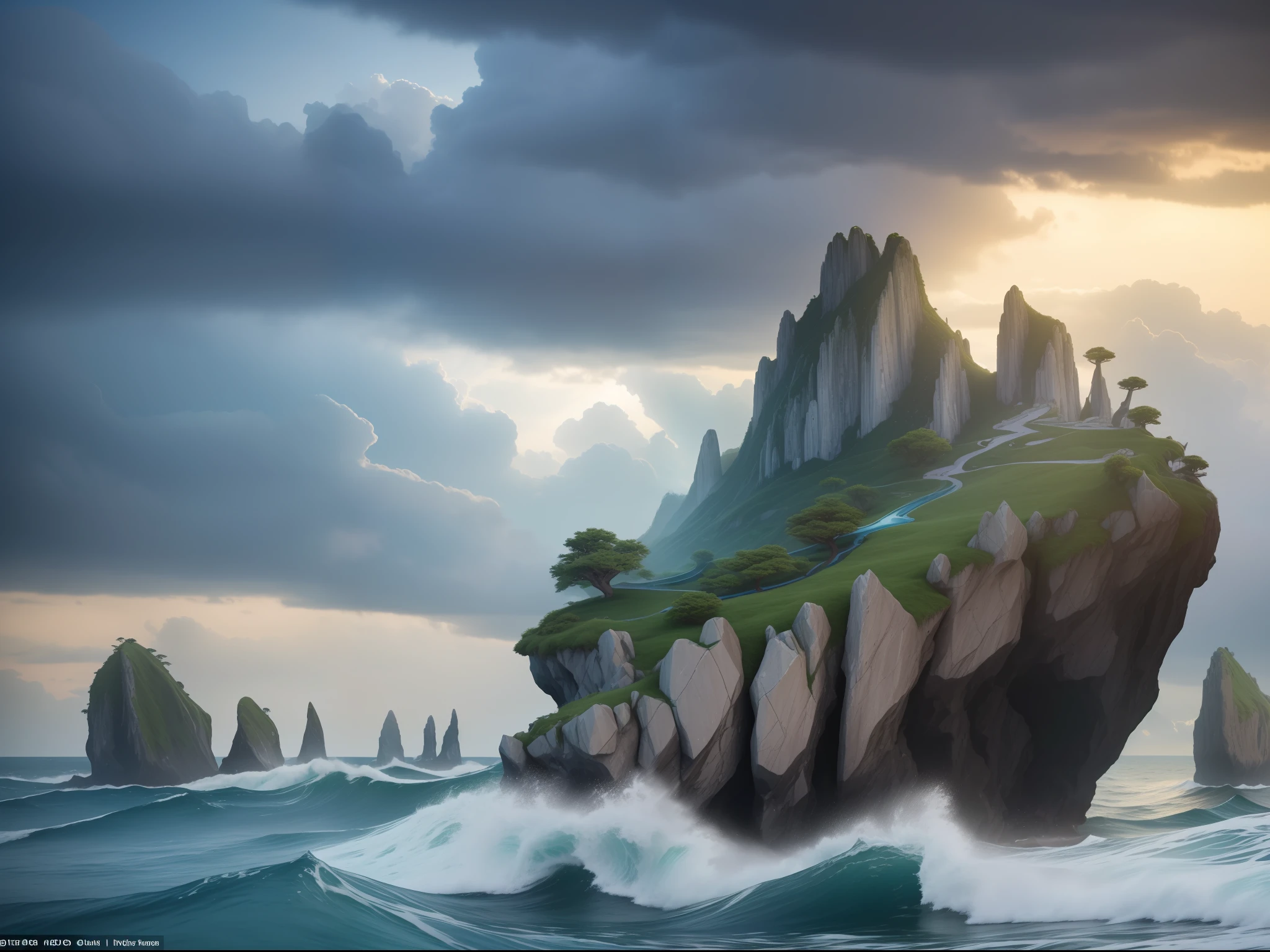 Very detailed detailed photos, ultraclear, Best image quality, Highest resolution, Advanced, tmasterpiece, 16k, Ray tracing, Particle light,, A mysterious continent,On the surface of the sea stands a huge stone forest overlooking a lion,The waves are constantly crashing against the stone forest,The sky is filled with clouds,A new storm is brewing