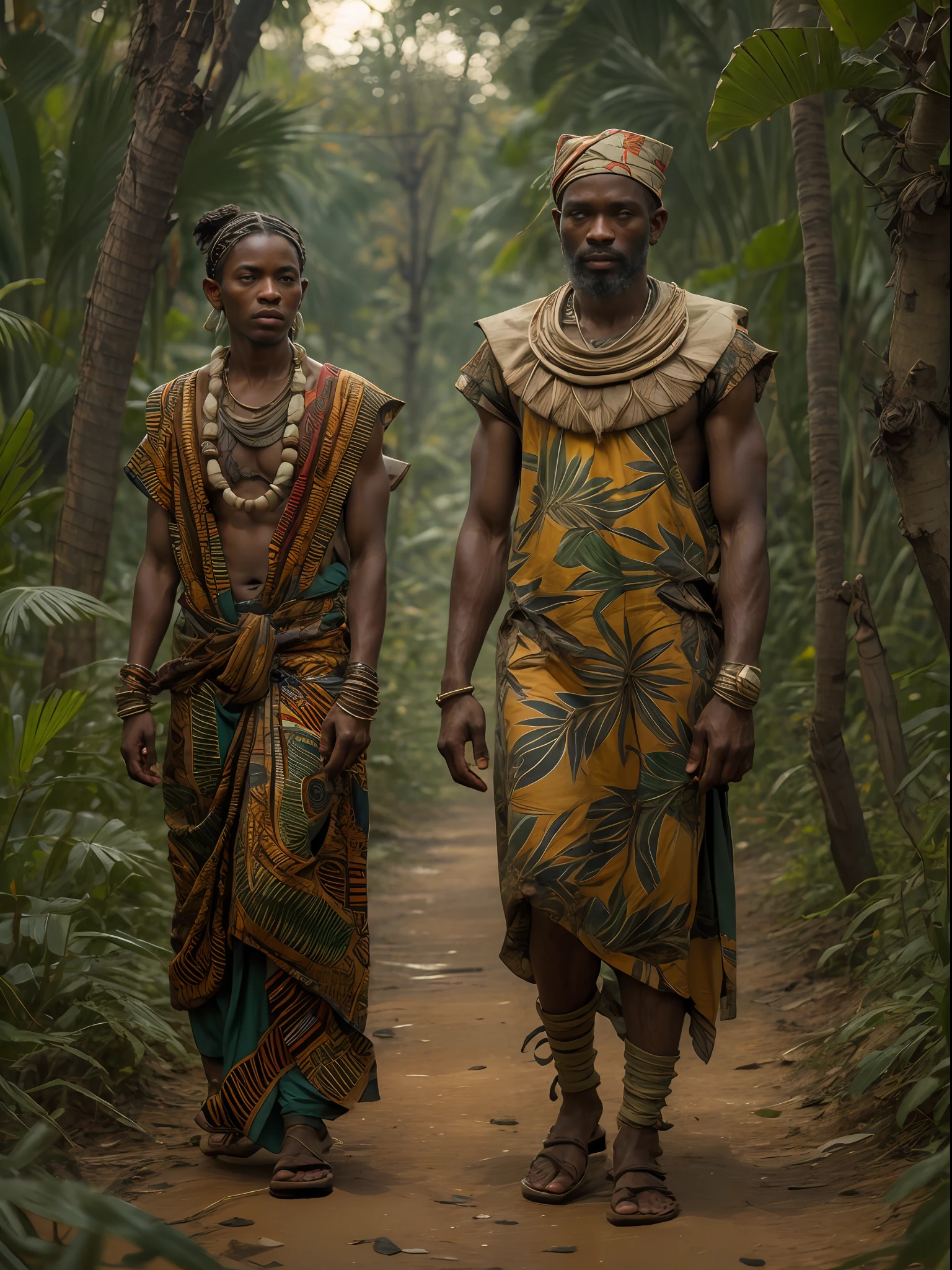 Deus masculino africano, Oxossi, Beautiful, 50 anos, caminhando de noite em uma floresta africana, roupas religiosas africanas, anatomia perfeita, de noite, octan render, Greg Rutkowski