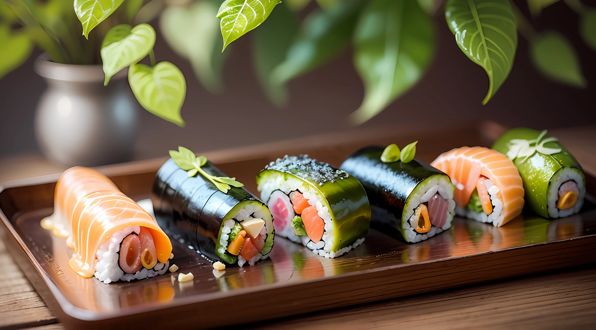 A delicate picture of sushi showing the deliciousness and fine craftsmanship of sushi. Each sushi roll should present a tight and even roll, with details showing the denseness and stickiness of the sushi rice. The outer layer of seaweed of sushi should be smooth and complete, showing a natural texture and dark color. Internal fillings such as fish, vegetables or other ingredients should show bright colors and clear shapes, and each element can be detailed to bring out its unique texture and texture. Toppings can include fresh sashimi, salmon, tuna, shrimp, etc., and can add a dash of wasabi, soy sauce, or other condiments to add flavor. The background can be a simple black or light tone to accentuate the color and shape of the sushi. Fine details and shadows make sushi look rich, inviting and authentic. (Low Photo: 1.2), Detail, 8K, (to8contrast style), (MIST: 0.7), Vivid Colors, embellish2 Phtography, HDR RAW photo, 8K, highres, absurdres, Kodak Portra 400, film grain Bokeh, lens flare, vibrant color blurry background (best quality) masterpiece, hyper-detailed, cinematic, daz, surreal --auto --s2