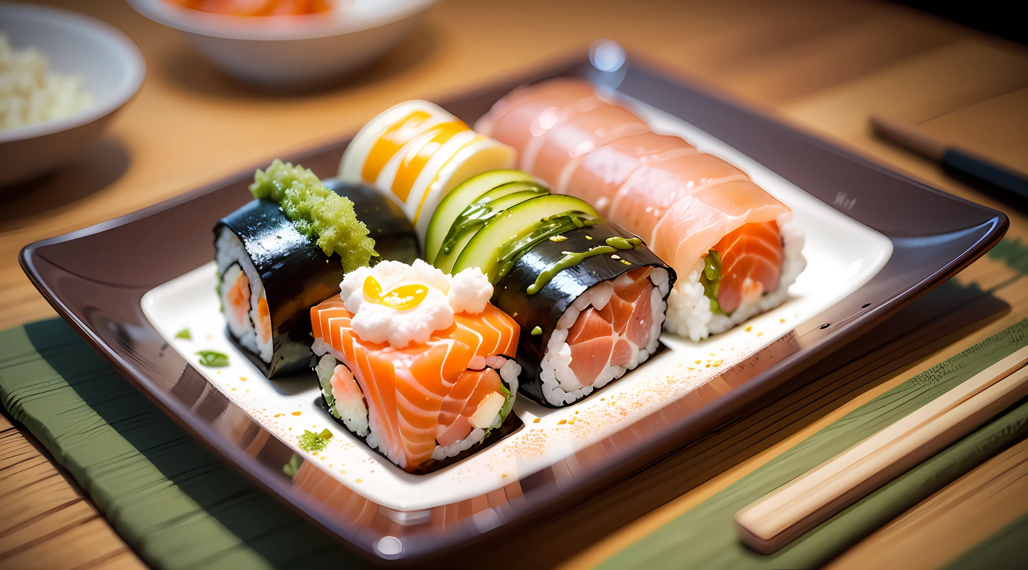 A delicate picture of sushi showing the deliciousness and fine craftsmanship of sushi. Each sushi roll should present a tight and even roll, with details showing the denseness and stickiness of the sushi rice. The outer layer of seaweed of sushi should be smooth and complete, showing a natural texture and dark color. Internal fillings such as fish, vegetables or other ingredients should show bright colors and clear shapes, and each element can be detailed to bring out its unique texture and texture. Toppings can include fresh sashimi, salmon, tuna, shrimp, etc., and can add a dash of wasabi, soy sauce, or other condiments to add flavor. The background can be a simple black or light tone to accentuate the color and shape of the sushi. Fine details and shadows make sushi look rich, inviting and authentic. (Low Photo: 1.2), Detail, 8K, (to8contrast style), (MIST: 0.7), Vivid Colors, embellish2 Phtography, HDR RAW photo, 8K, highres, absurdres, Kodak Portra 400, film grain Bokeh, lens flare, vibrant color blurry background (best quality) masterpiece, hyper-detailed, cinematic, daz, surreal --auto --s2