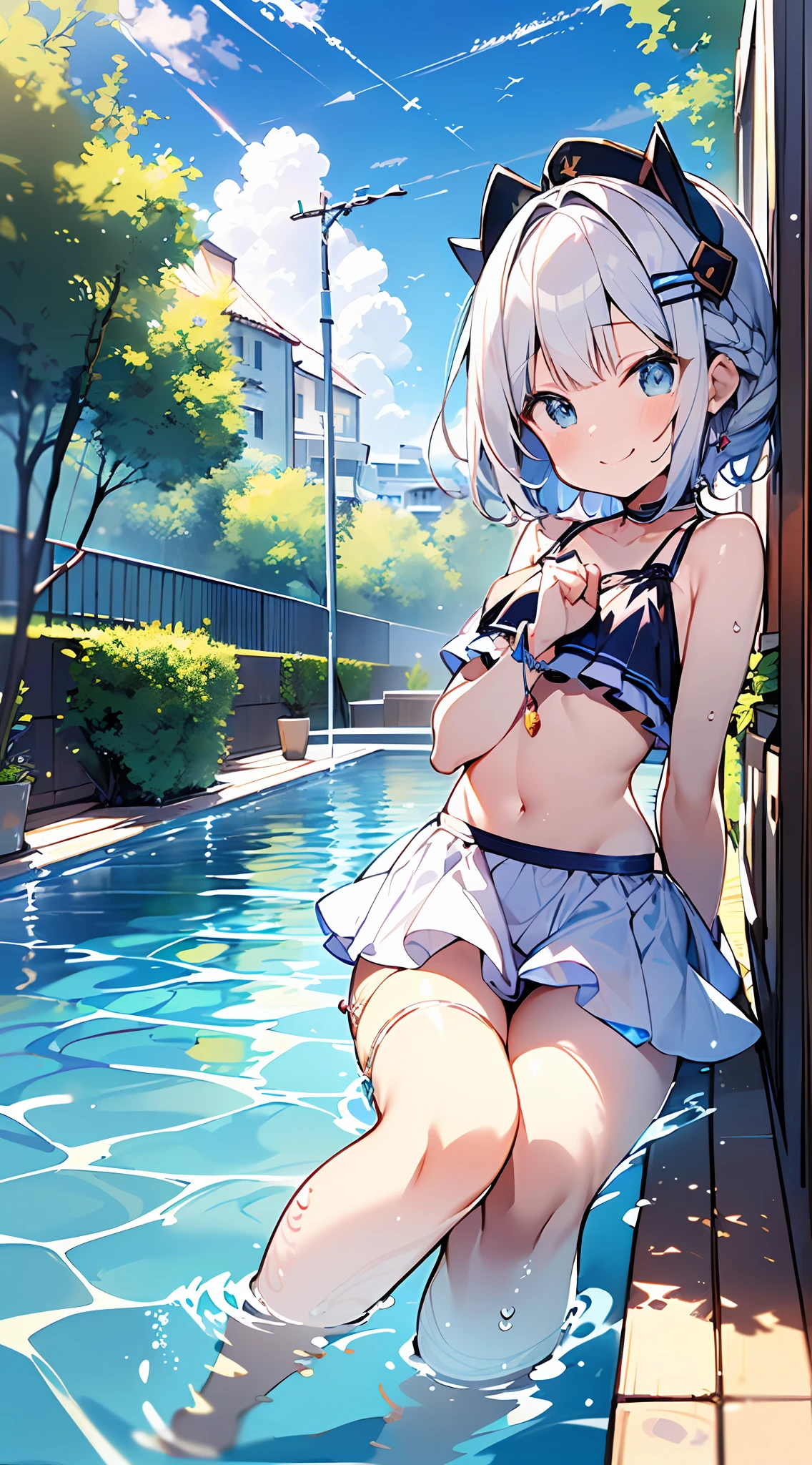 (Incredibly ridiculous absolute resolution:1.5)、hiquality、top-quality、masuter piece、Anime girl in light blue and white bikini, 魅惑的、Anime , 8k Manga Wallpapers, Smile、Shy laughter、((small curvy loliretty anime girl,((swimming pools))、(Medium Shorthair)、(short braided hair)