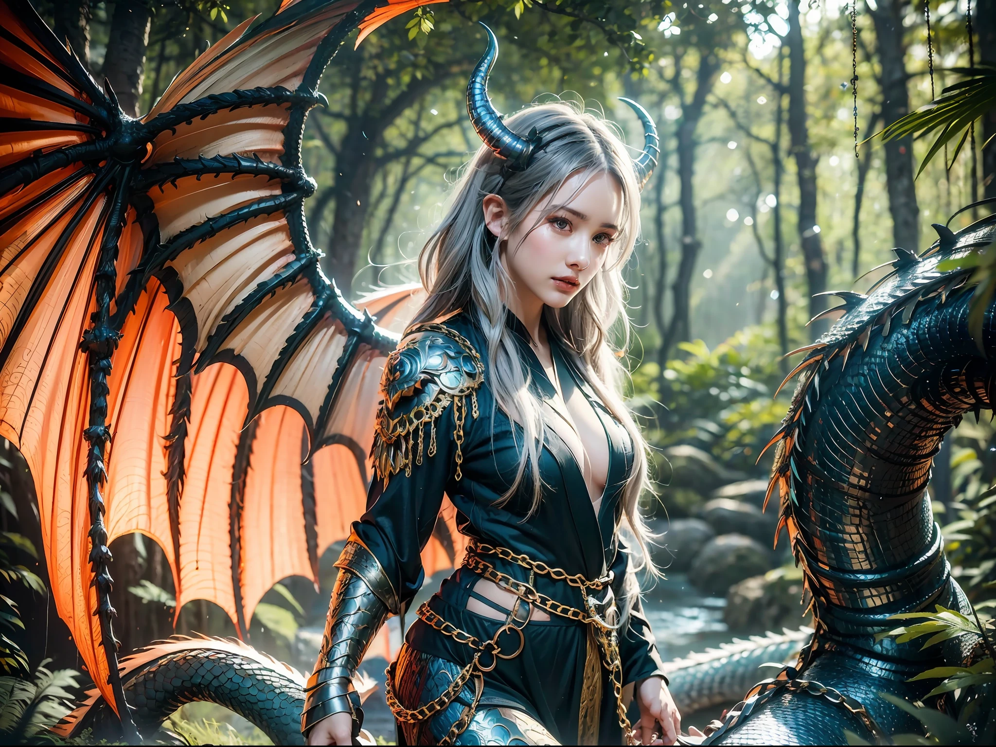 A beautiful girl with a rainbow dragon, ((girl wearing a long robe)), (wearing chain mail: 1.4), (long cloth pants: 1.2), (chain mail with dragon scale patterns), perfect facial features, delicate face, long hair, graceful, wisdom, courage, rainbow dragon, scales, horns, flames, wings, dragon claws, dragon protecting the girl, background for ancient forest, mysterious connection, protection, trust, realistic quality, realism, 8k, best quality, masterpiece, cinematic quality, high chiaroscuro, octane rendering