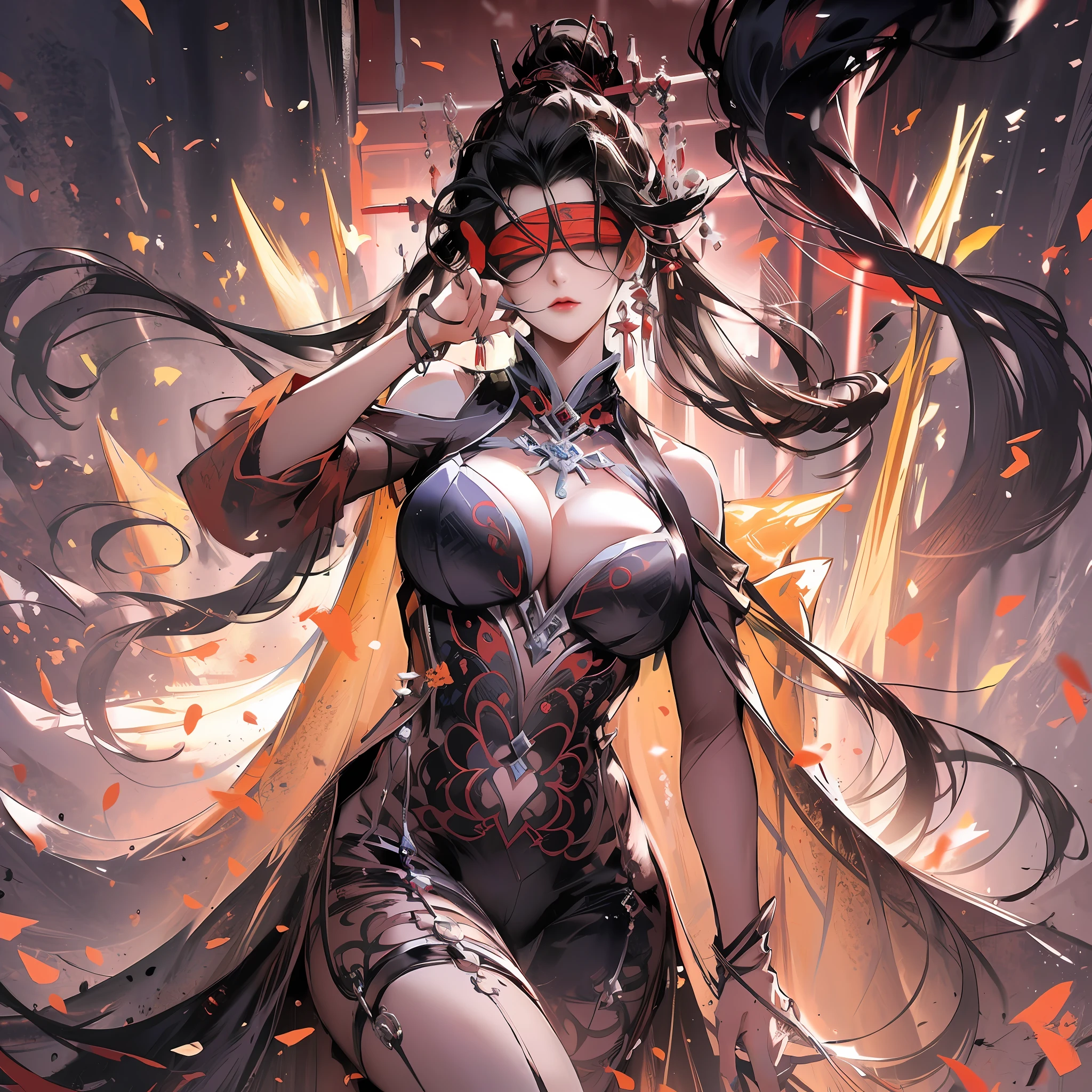 Close-up of a woman with black hair and a white mask，Belle peinture de personnage，Brunette God，Yang J，Epic and beautiful character art，Stunning character art，FAN Qi，Wu Zhun Shifan，（full bodyesbian）、统一 8k 壁纸、big breasts beautiful、tmasterpiece、Fantastical Atmosphere、calm color palette、soft shade、Red clothes，Blindfolds、long whitr hair、ventania、The blindfold covers the eyes、cabelos preto e longos、Wide buttock、large scene，Queen gesture