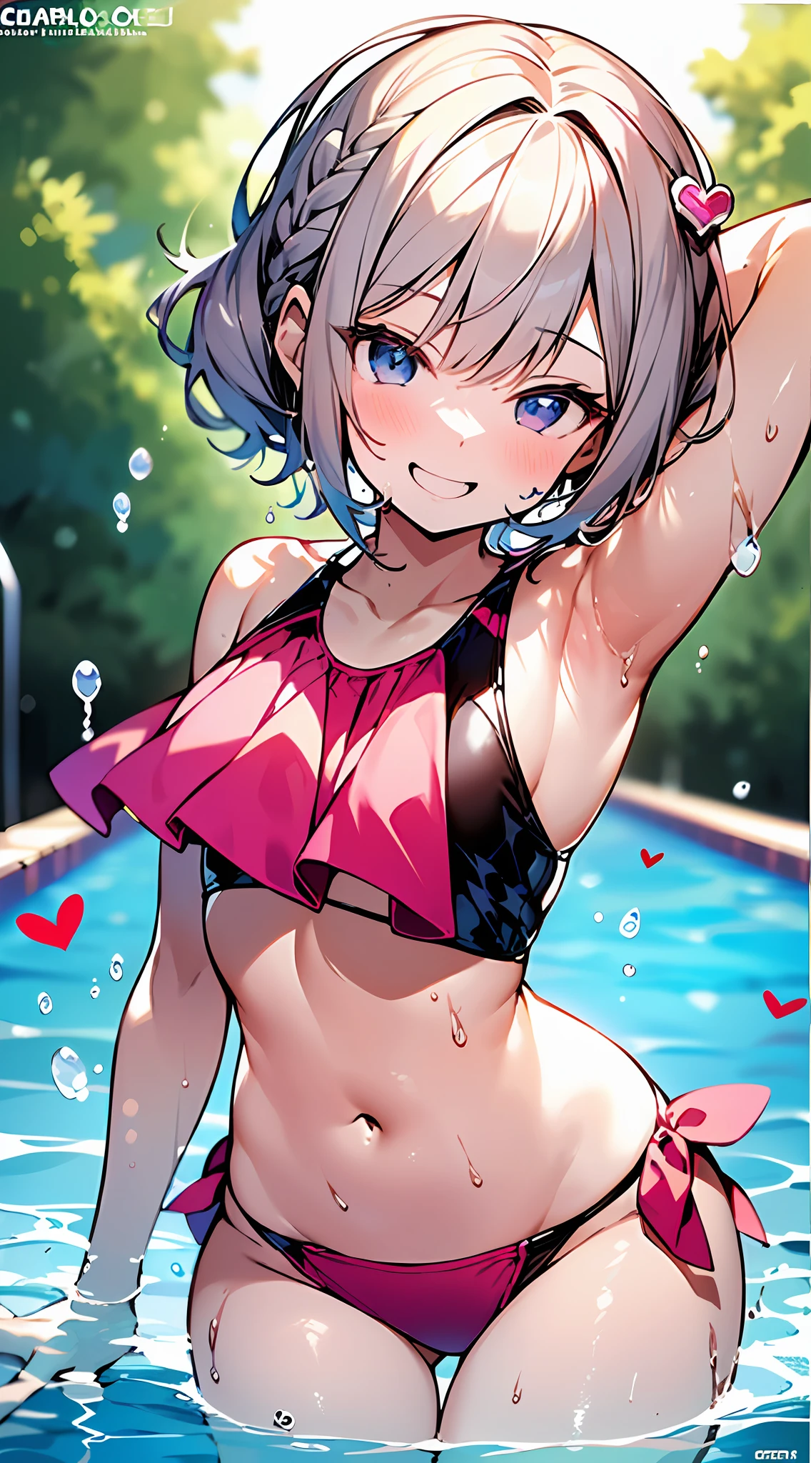 (Incredibly ridiculous absolute resolution:1.5)、hiquality、top-quality、masuter piece、Anime girl in pink and white bikini, 魅惑的、Anime , 8k Manga Wallpapers, heart mark、Smile、Shy laughter、((small curvy loliretty anime girl,((swimming pools))、(Medium Shorthair)、(short braided hair)