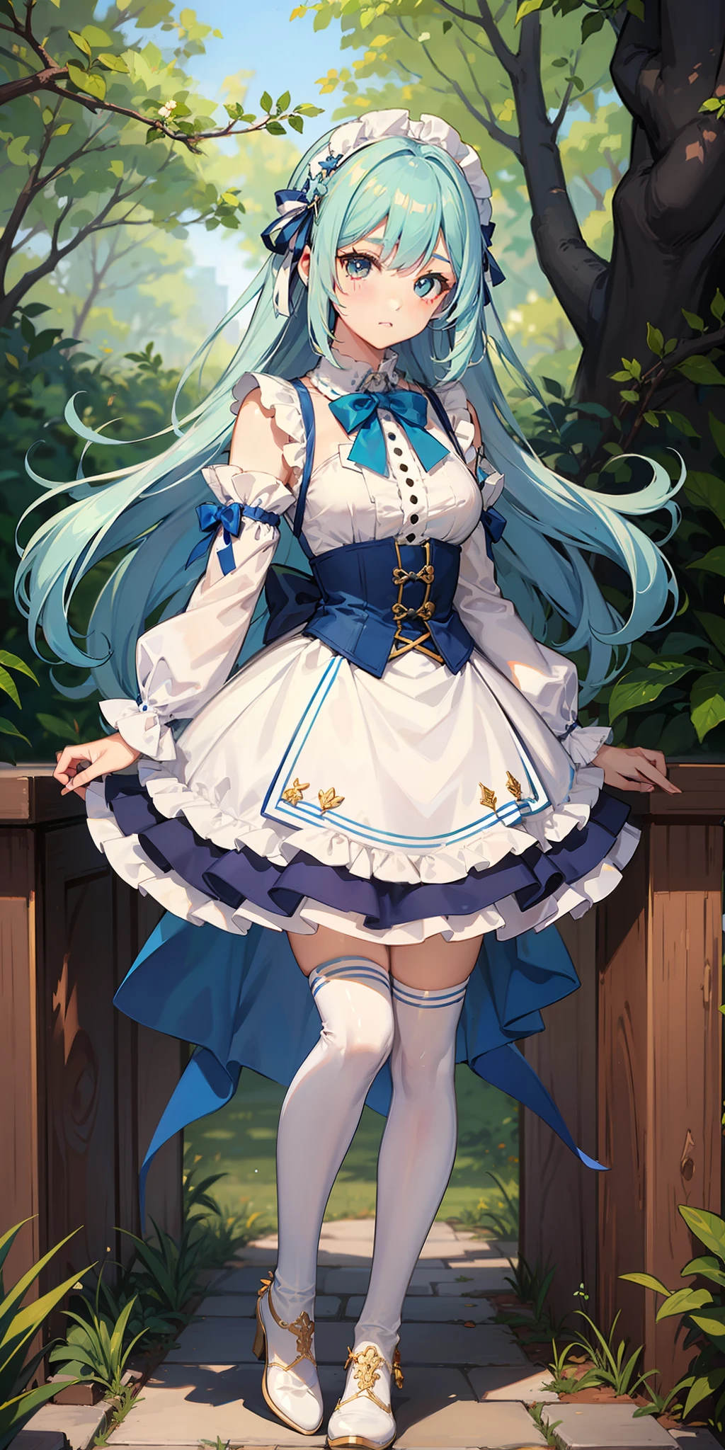 blue hairs,White Lolita costume,white long boots