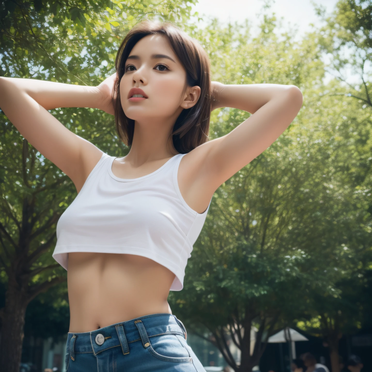 8K, masterpiece, best quality, photorealistic, ultra-detailed, 1 girl, athletic body, realistic skin texture, medium breasts, gaze at viewer, cropped shirt, skinny T-shirt, tank top, underboobs, under boobs, micro mini skirt, hot pants, shorts, movie lighting, face focus, fine eyes, detailed face, well lit face, day light, outdoor cafe, trees in background, low angle shot, view from below, hand behind head, hand on waist