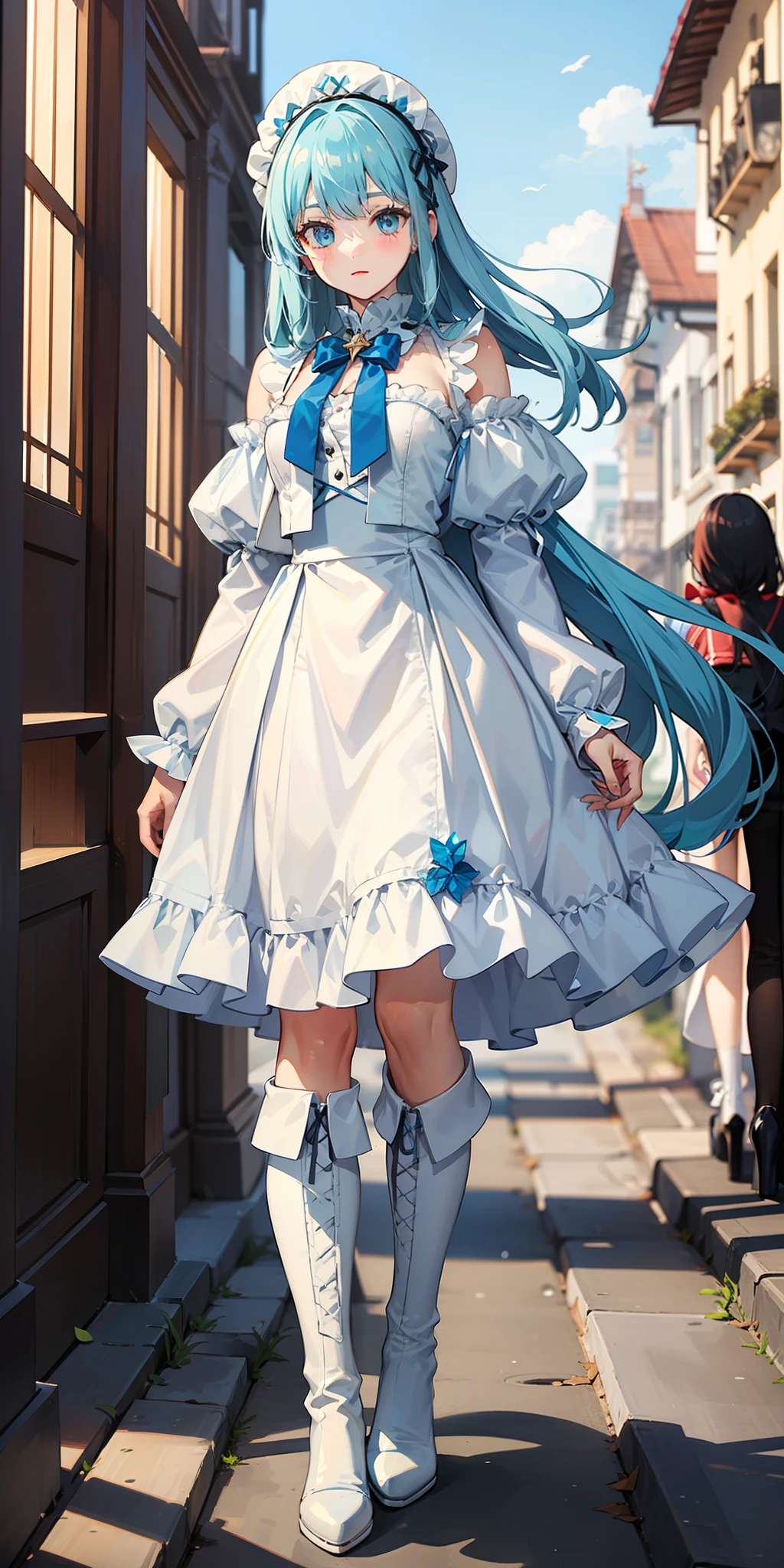 blue hairs,White ta costume,white long boots