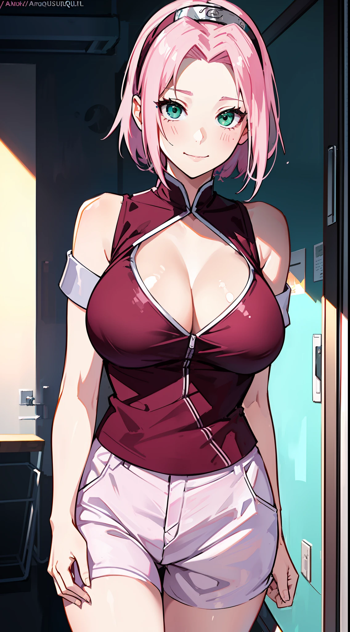 one-girl，pink short hair，Green eyes，(Leakage from the shoulder )，Frontal photo，Pink clothes，looks into camera，ssmile，Naruto Sakura，HighestQuali，Wallpapers，k hd，artwork of a，sportrait，Large breasts