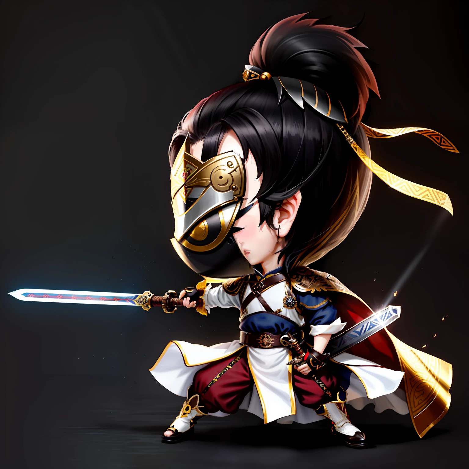 Chibi anime characters，The sword，sword sheath，There are beautiful patterns on the scabbard，Refinement，Fine painting，Refinement，infinite details，high definition detail，Delicate belt，Belt accessories，Male characters，Blindfolds，sideface，swordsman，dark colored hair，Patterned，Pattern，Blank background，Bright colors，Metal edging