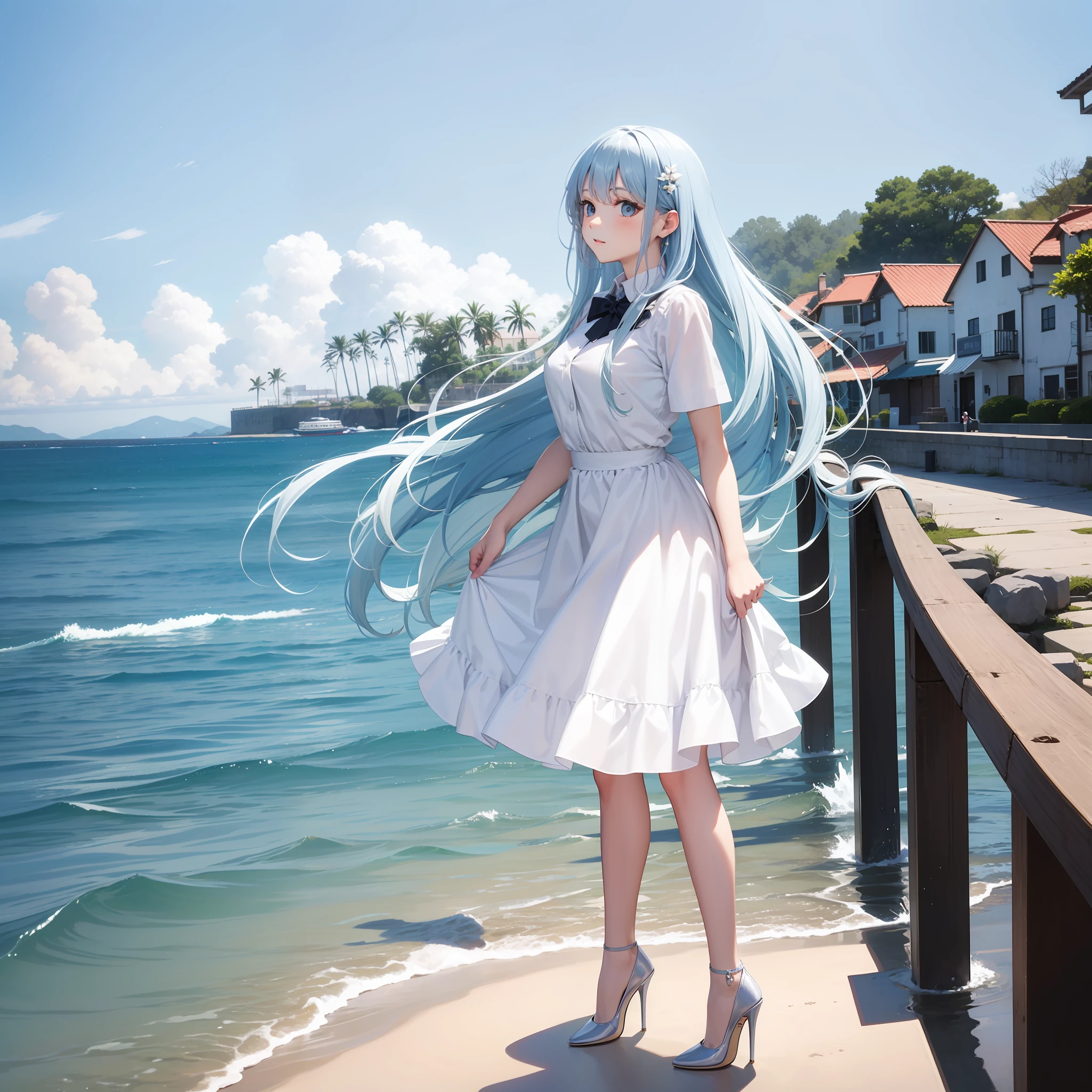 schoolgirls,white dresses,High heels,Long white and light blue hair,standing on the sea side ,a picture