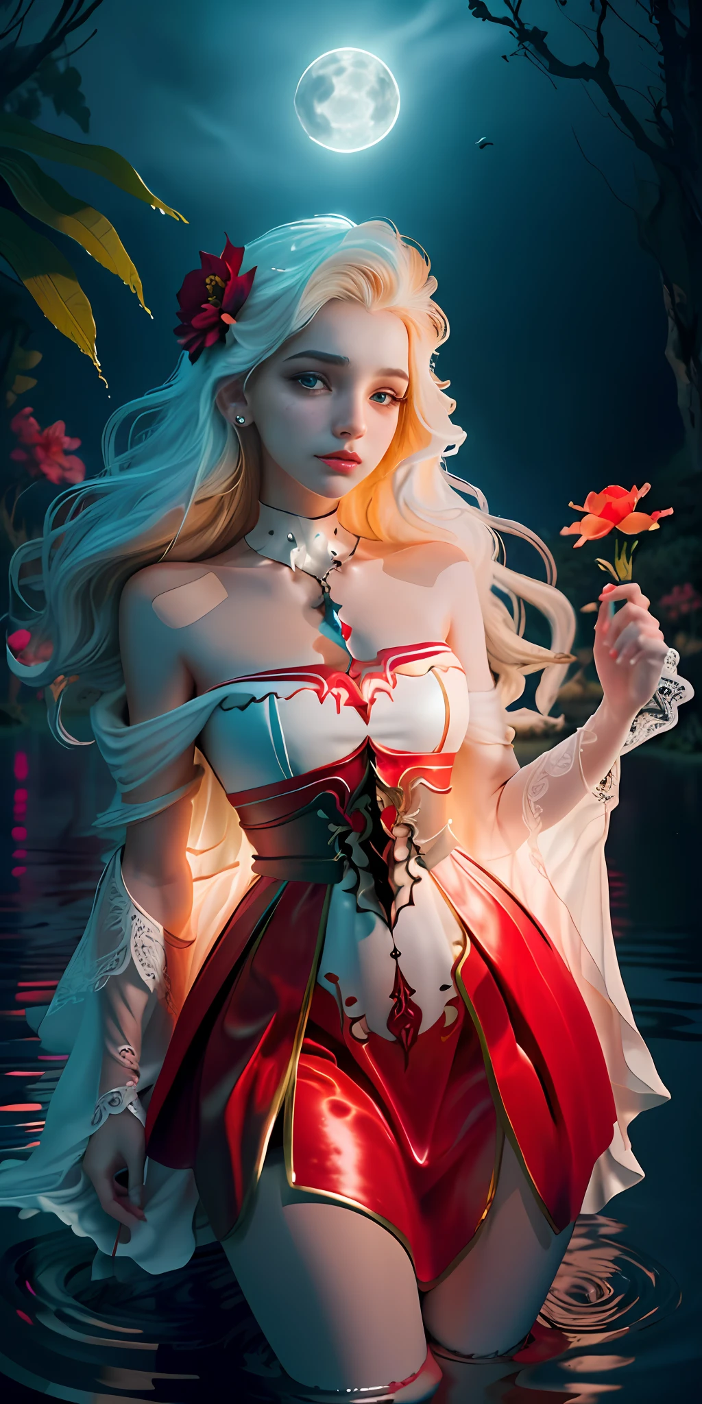 Close-up, (beautiful girl), garlic, flower, (beautiful girl), delicate facial features, detailed portrayal of the corners of the eyes, bust photo, moist lips, sad eyes, long white hair, smooth and delicate skin, ((red clothes)), red long skirt, open thighs, brilliant and colorful, fantasy art, mysticism, dream scenes, dreams, dream lights, temptation, psychedelic, misty halo, (((night))), ((night)), river bank, full of flowers on the other side, dreamy, flying red tiny petals, Red fluorescent petals, fluorescent flowers, fluorescent flowing water, standing in water, shallow water, master works, extreme detail, dissection correctly, correct limbs, accurate, hud, HD, exquisite details, 8K, red light