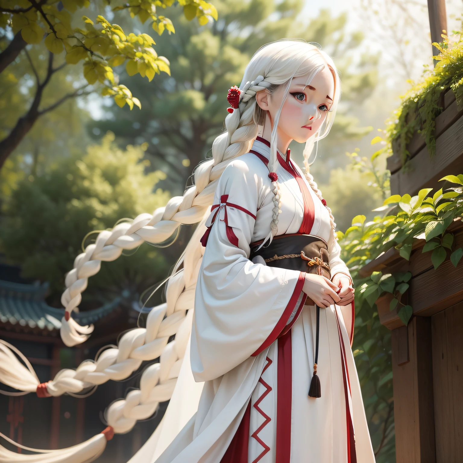 white skinned,long braid,The upper part of the body,Hanfu,Look up