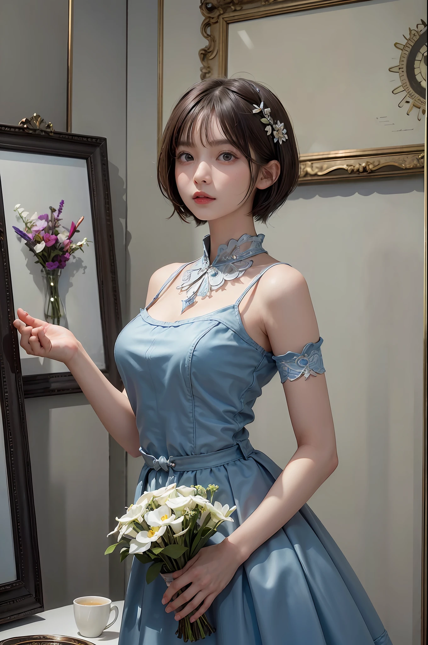 ​masterpiece, 1 beautiful girls, (((very_Short_hair))), Eye details, Swollen eyes, Top image quality, 超A high resolution, (Realistis: 1.4), OriginalPhotographs, 1girl in, Cinematographic lighting, japanes, Asian Beauty, Korean, very beautif, Beautiful skins, Thin, (A hyper-realistic), (hight resolution), (8 K), (ighly detailed), (The best illustrations), (beautifully detailed eyes), (ultra-detailliert), A detailed face, see the beholder, Facing straight ahead, Neat Clothing, shorth hair、A dark-haired、46-point diagonal bangs、Luxury hotel interior background、flower arrangement、vases、Neat and clean, Picture frame painting