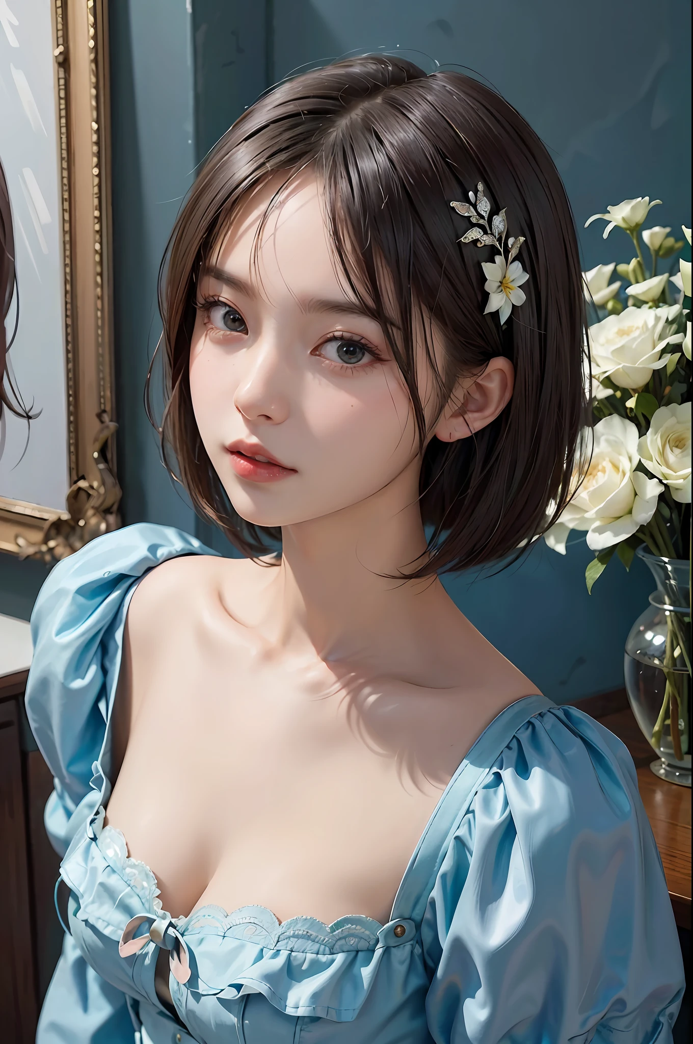 masterpiece, 1 beautiful girls, (((very_Short_hair))), Eye details, Swollen eyes, Top image quality, 超A high resolution, (Realistis: 1.4), OriginalPhotographs, 1girl in, Cinematographic lighting, japanes, Asian Beauty, Korean, very beautif, Beautiful skins, Thin, (A hyper-realistic), (hight resolution), (8 K), (ighly detailed), (The best illustrations), (beautifully detailed eyes), (ultra-detailliert), A detailed face, see the beholder, Facing straight ahead, Neat Clothing, shorth hair、A dark-haired、46-point diagonal bangs、Luxury hotel interior background、flower arrangement、vases、Neat and clean, Picture frame painting
