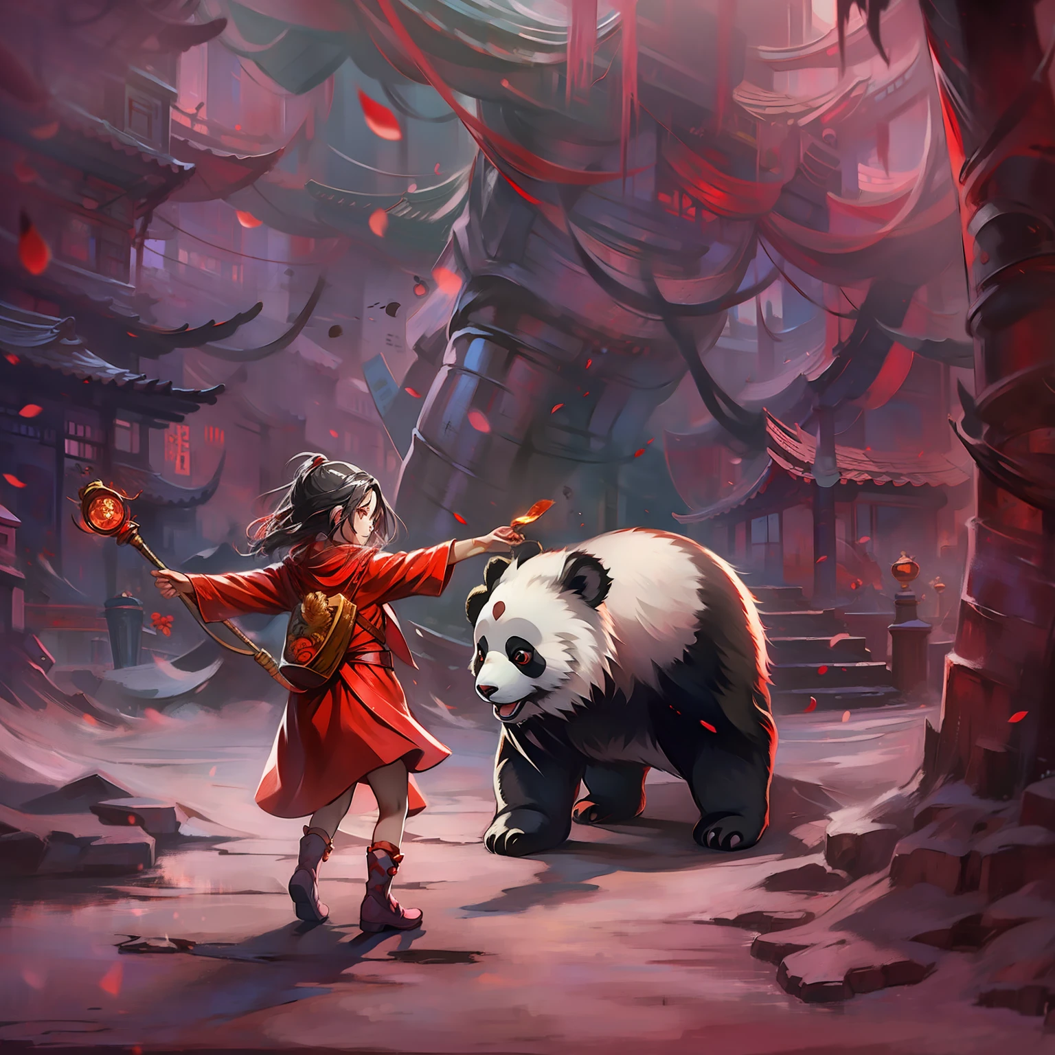 Little girl in red fights with a panda