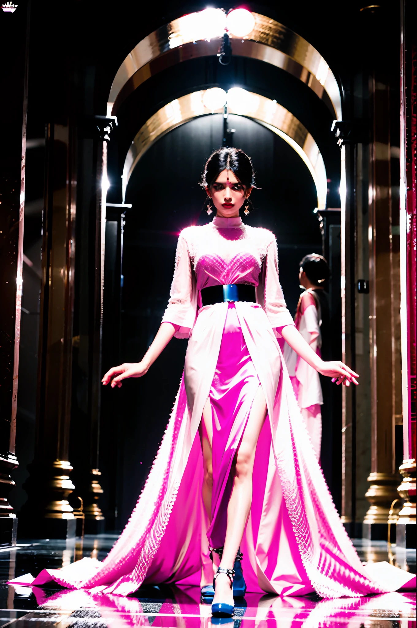 8k, photorealistic, futuristic, high fashion, indian, modern, unique, dress, gown, skinny model, runway, conservative, regal, structured, conceptual, sculptured, pink