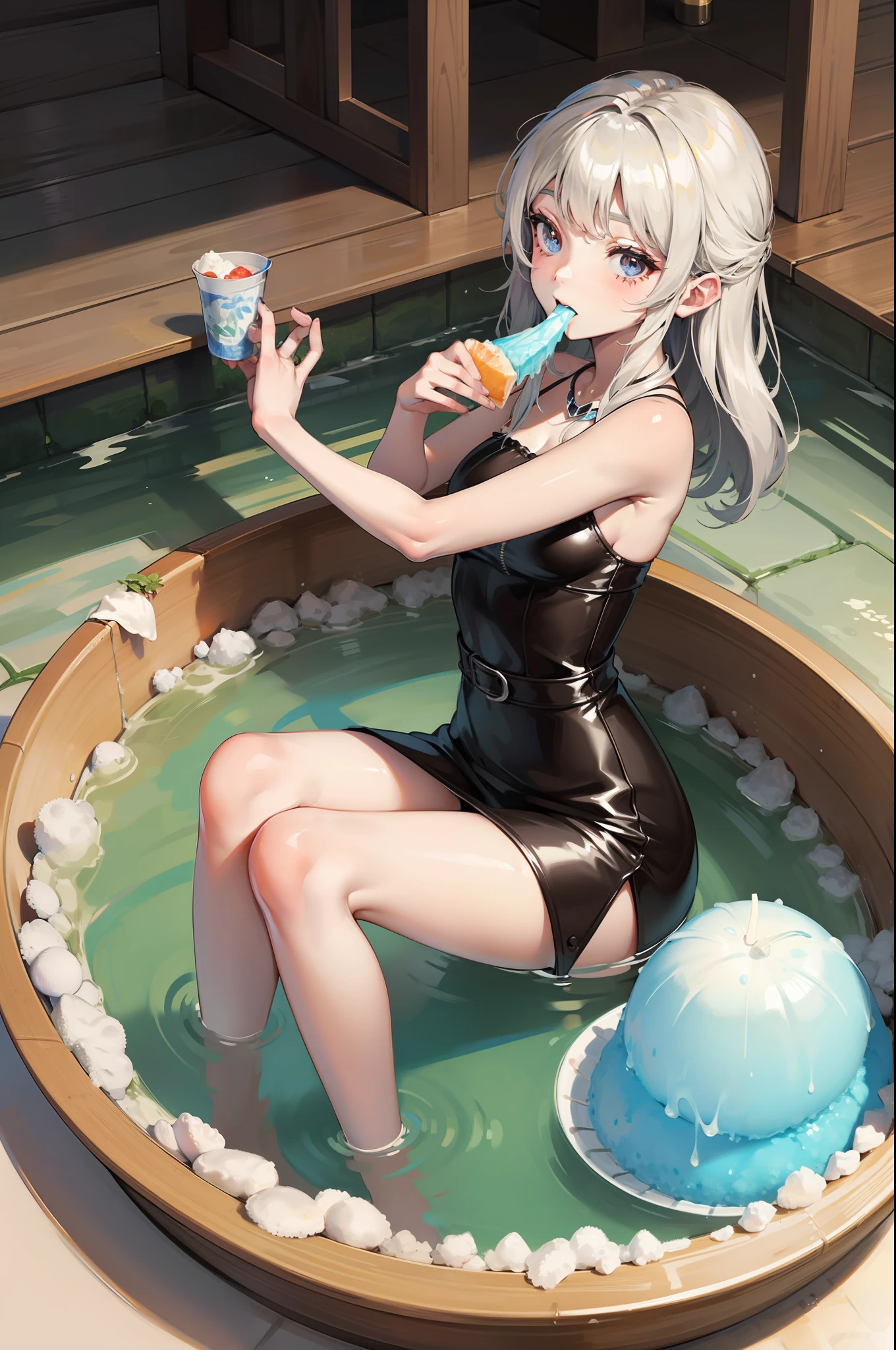 Girl eating shaved ice while soaking in a hot spring、