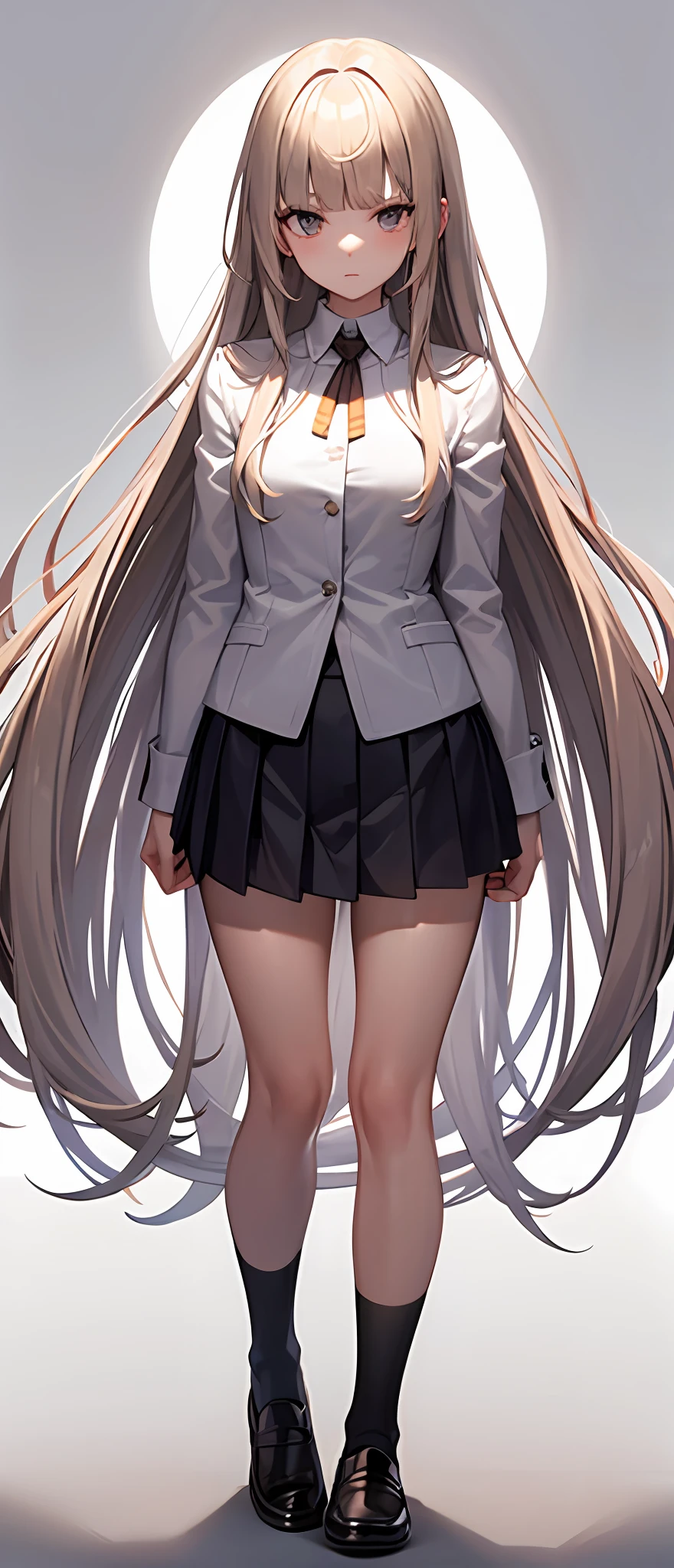 best quality,masterpiece,white background,white shirt,short pleated skirt,whole body,Fair skin,blunt bangs,gladient hair,loosen clothing around the neck,folding arms,look down on,standing up,extremely long hair,spreading hair,ivory hair,spreading legs,loafers,black over-knee socks