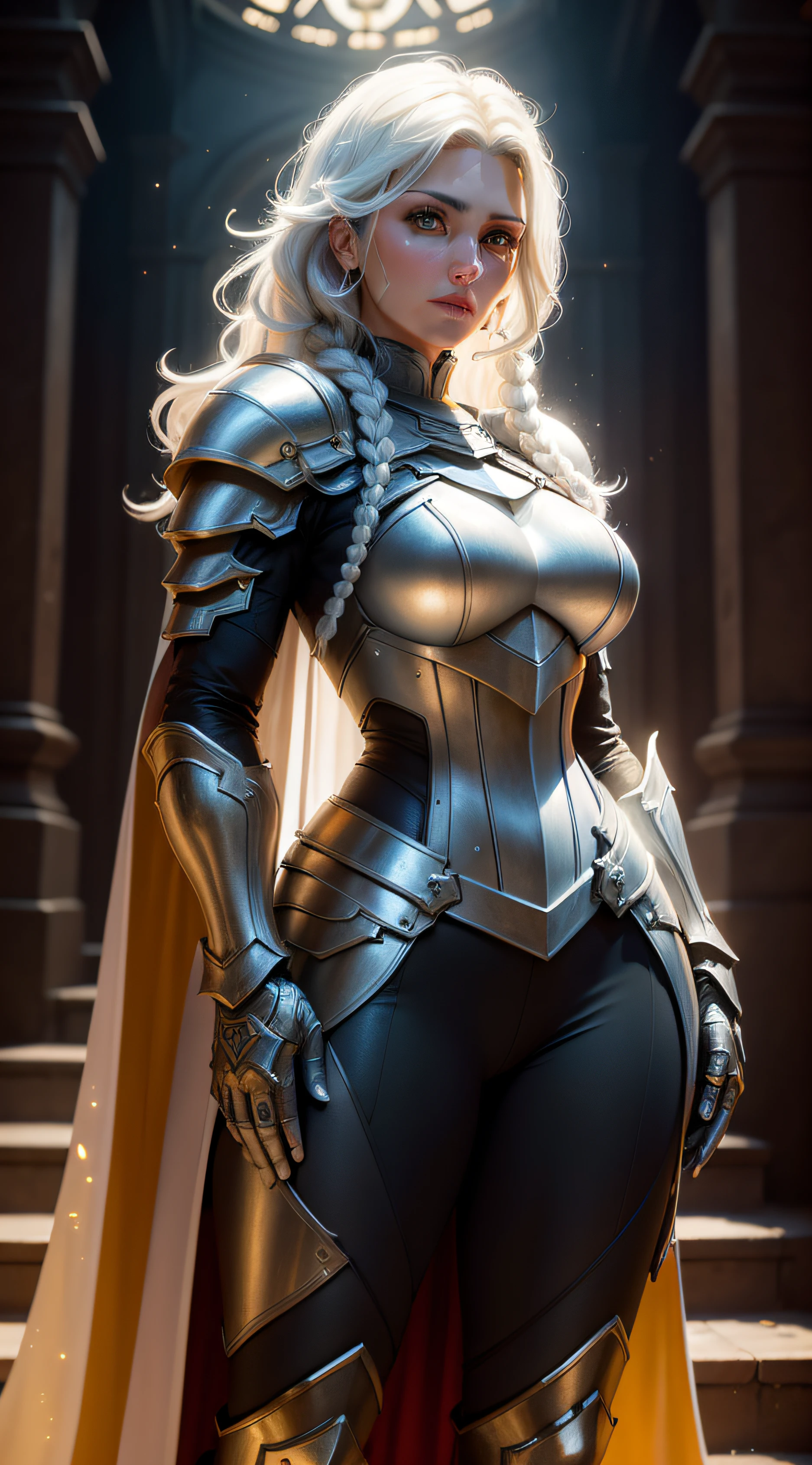 Jennifer Esposito, handsome paladin cowboy shot, hands on hips, athletic, braid, white hair, yellow eyes, glowing eyes, glowing halo, golden heavy armor, red cape, particles, dark dungeon, stairs, volumetric lighting, best quality, masterpiece, intricate details, tonemapping, sharp focus, very detailed, trending in Artstation, realistic, chromatic aberration,