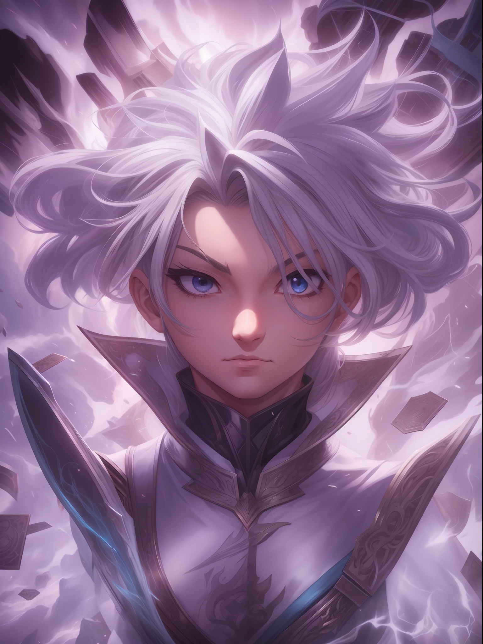 collectible card art, ui card, iconic character splash art, god, mythical, silver hair, empty eyes, anime, Action painting, drop shadow, cinematic lighting, character chart, reference sheet, anatomically correct, masterpiece, super detail, high quality, award winning, best quality, highres, 8k