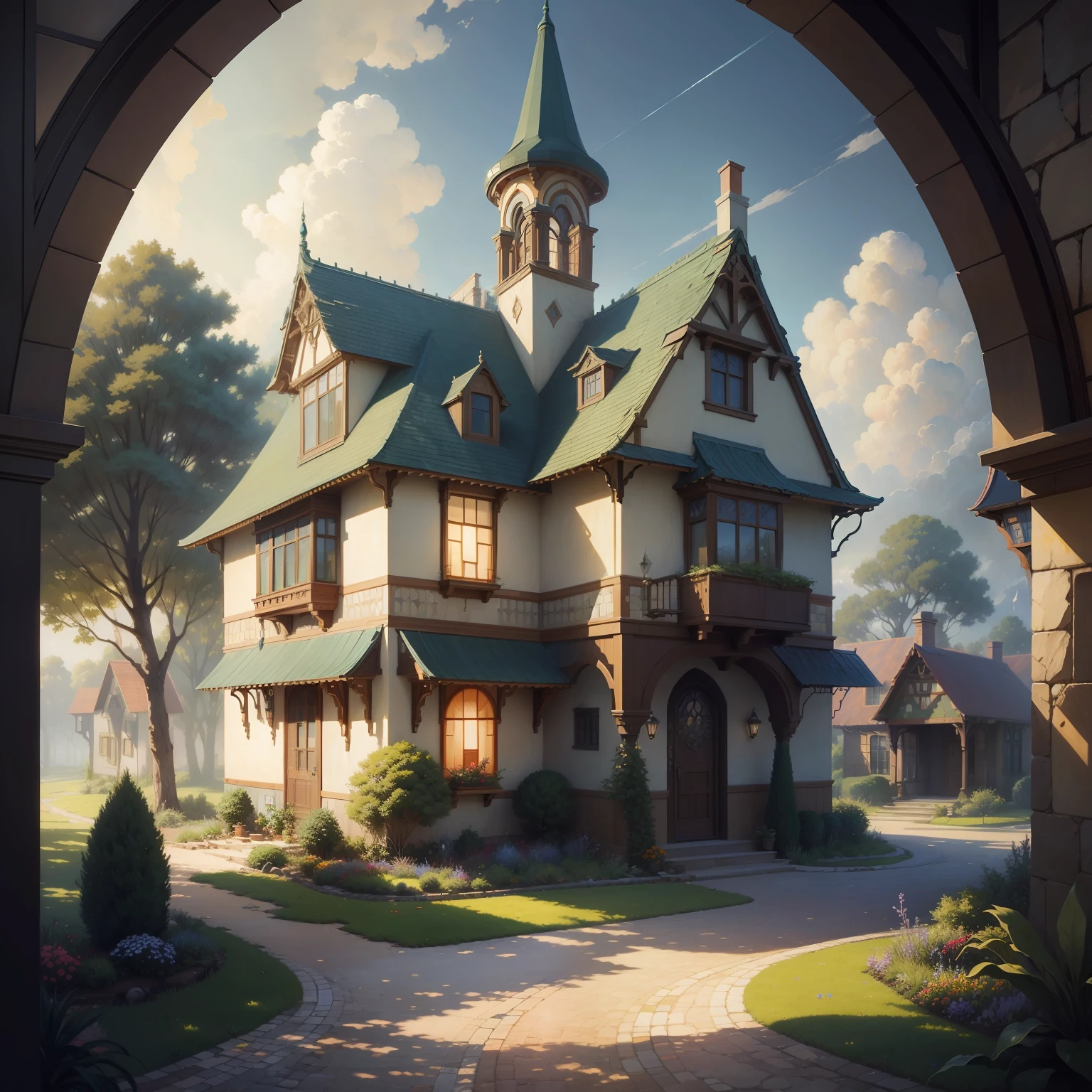 an oil painting showing a mosaic image of a house, in the style of colorful fantasy realism, light, hayao miyazaki, greg olsen, glass fragments art, 8k resolution, curvilinear