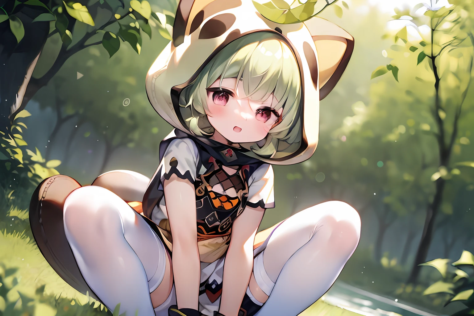 best qualtiy，（kawaii：1.1），（adolable），（A high resolution：1.2），Incredibly Ridiculous res：1.3，Incredibly Fine Illustrations，cute female child，white dresses，white stockings，Squat and sit