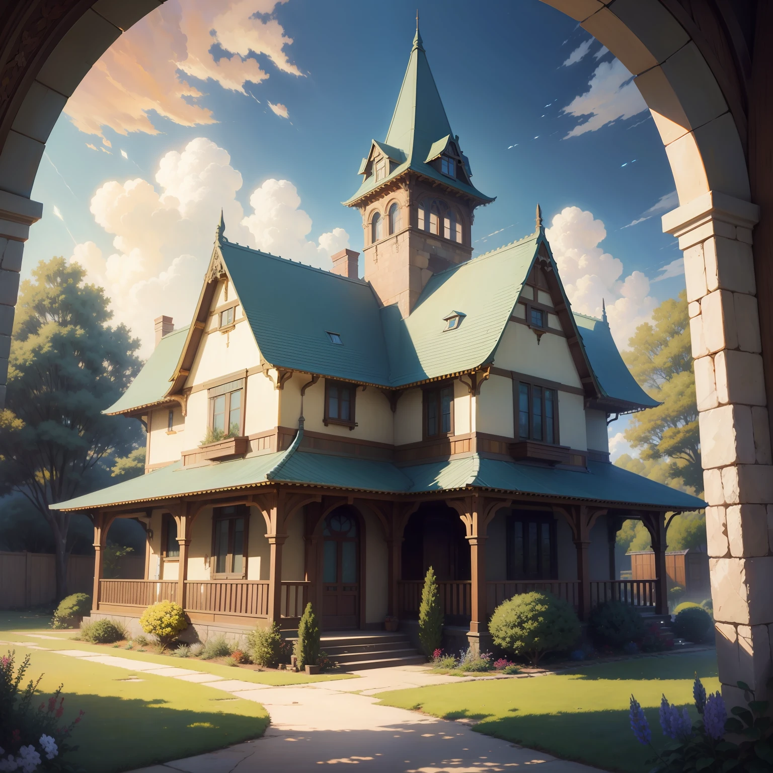 an oil painting showing a mosaic image of a house, in the style of colorful fantasy realism, light, hayao miyazaki, greg olsen, glass fragments art, 8k resolution, curvilinear