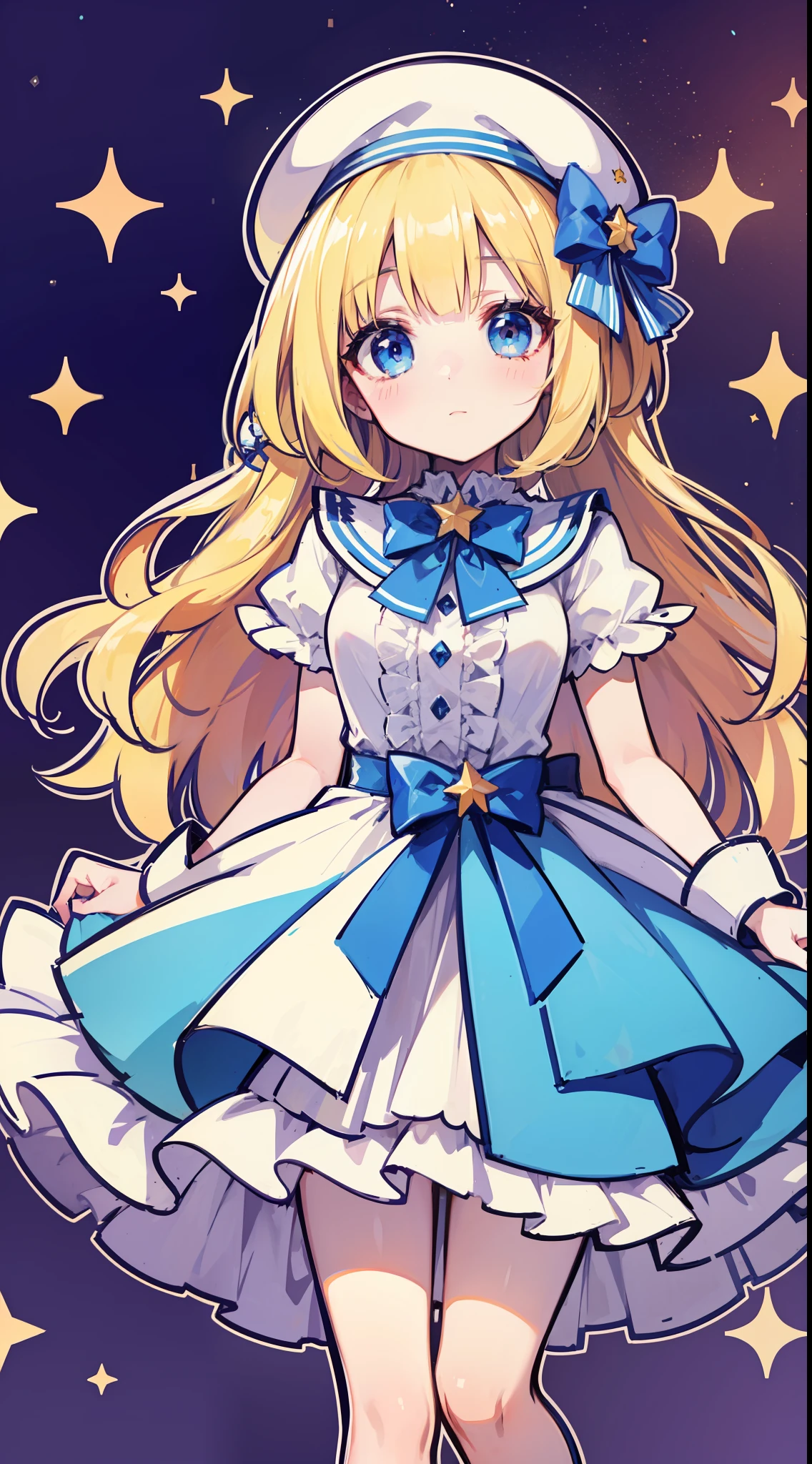 Yellow-haired，white dresses，eBlue eyes，star accessories，Blue bow tie，white beret（It has a blue bow on it），starryskybackground