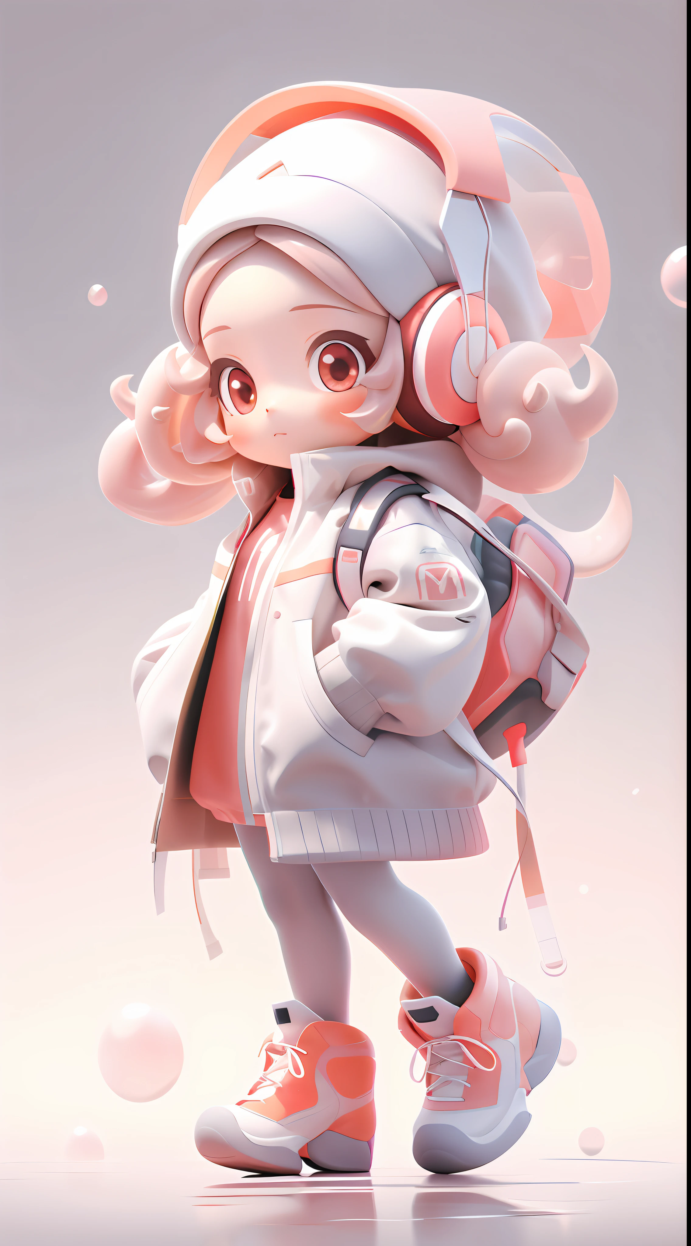 Anime girl walking on white surface with headphones and backpack，Stylized anime，Cute detailed digital art，render of a cute 3d anime girl，adorable digital art，lovely digital painting，anime styled 3d，Anime style， 8K，Lovely 3D rendering，cute character, High quality detailed art in 8K，lovely art style，style of anime4 K