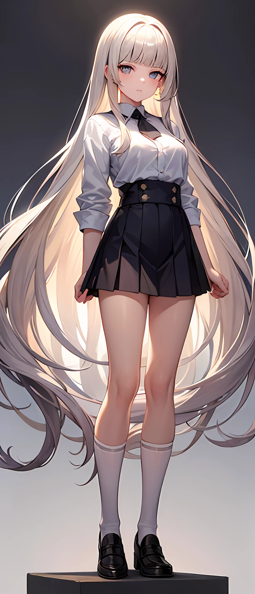 best quality,masterpiece,white background,white shirt,short pleated skirt,whole body,Fair skin,blunt bangs,gladient hair,loosen clothing around the neck,folding arms,look down on,standing up,extremely long hair,spreading hair,ivory hair,spreading legs,loafers,black over-knee socks