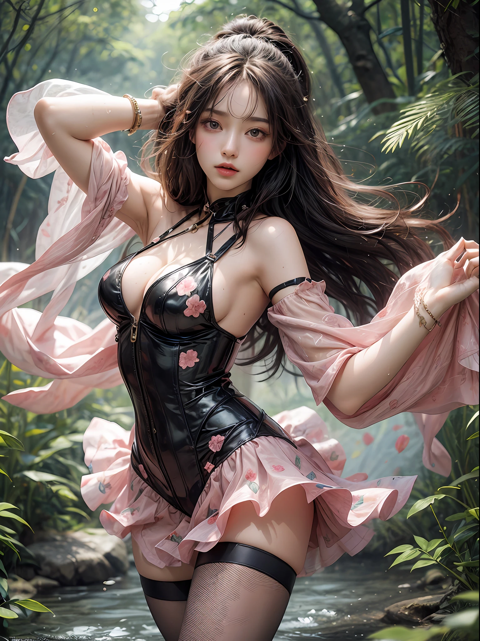 Holding a large see-through stole with pale pink floral pattern with both hands、Swaying in the wind。dark color、shackle、Halter Neck Bodysuit、Rubber Suit Corset、garterbelts、Upper eye、light-colored skin and loose navel skin,,,,,,,,,。Skirt flutters in the wind and spreads。Dynamic Posing。Dancing Poses。
Loose clothing shows shoulders。Very beautiful girl at 19 years old。
Hair swaying in the wind。 masutepiece、Best Photoreal、portlate、Sheer clothing、wetted skin、Wet hair、y look、Functional、Bewitching、Clothes with an open back、Oblique composition、Waterfall in the forest、Big hair ornament、Medium chest、Navel Ejection、Shiny knee-high socks、Bold open chest clothes