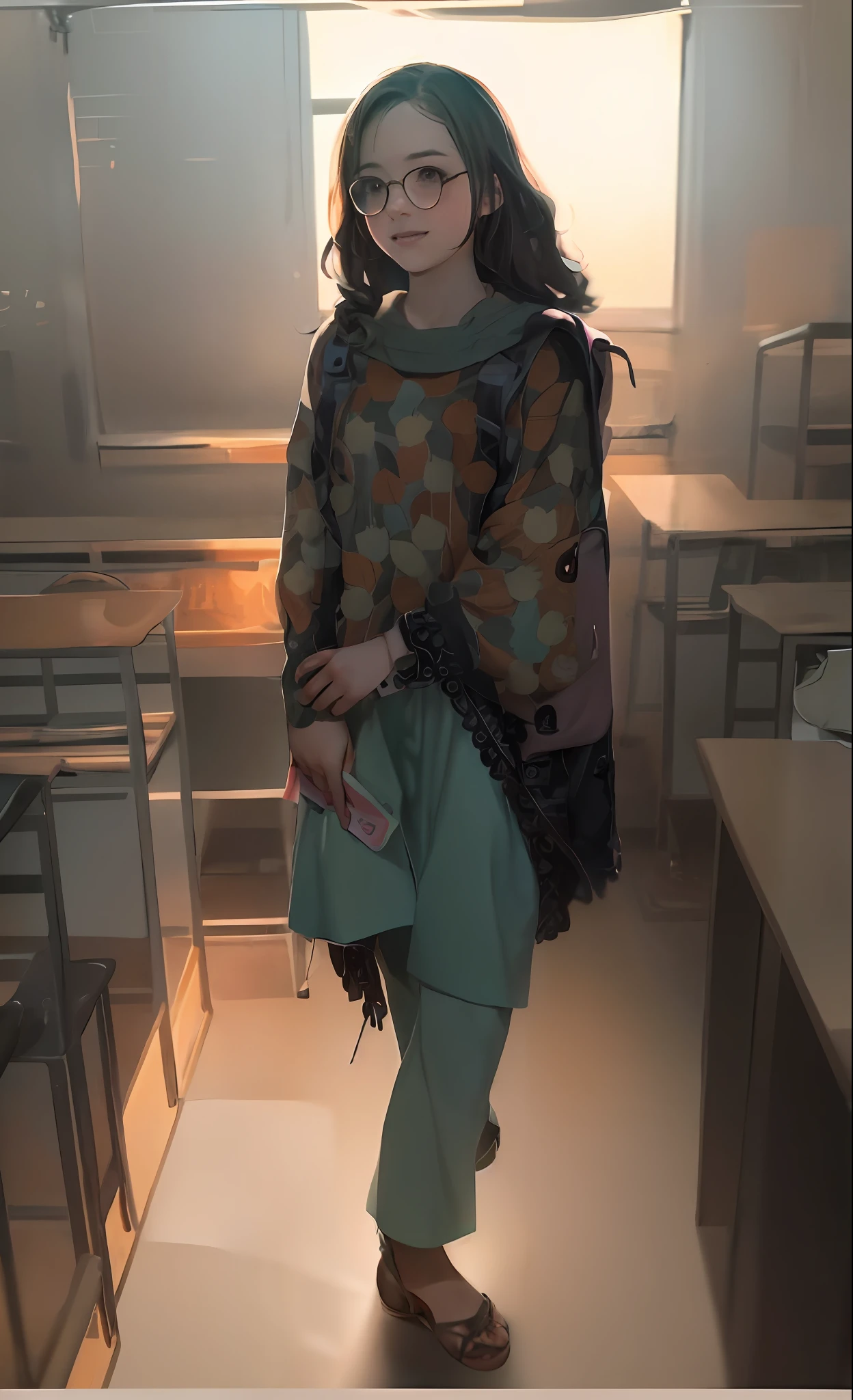 Prompt: An incredibly charming little girl carrying a backpack, The illustration is in high definition at 4k resolution, with highly-detailed facial features and cartoon-style visuals.