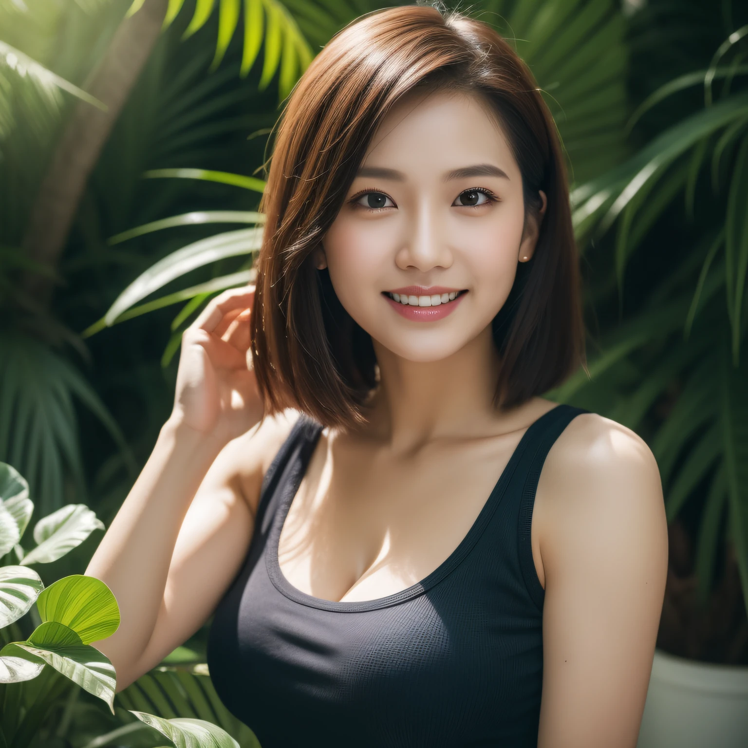 8K, masterpiece, best quality, photorealistic, ultra-detailed, 1 girl, Asian, athletic body, realistic skin texture, (breasts:1.0), (smile:1.0), gaze at viewer, cropped T-shirt, skinny T-shirt, tight tank top, hot pants shorts, micro mini skirt, very sexy, (cleavage), (lean forward), movie lighting, face focus, fine eyes, detailed face, well lit face, day light, close up shot, outdoor cafe in background, plants