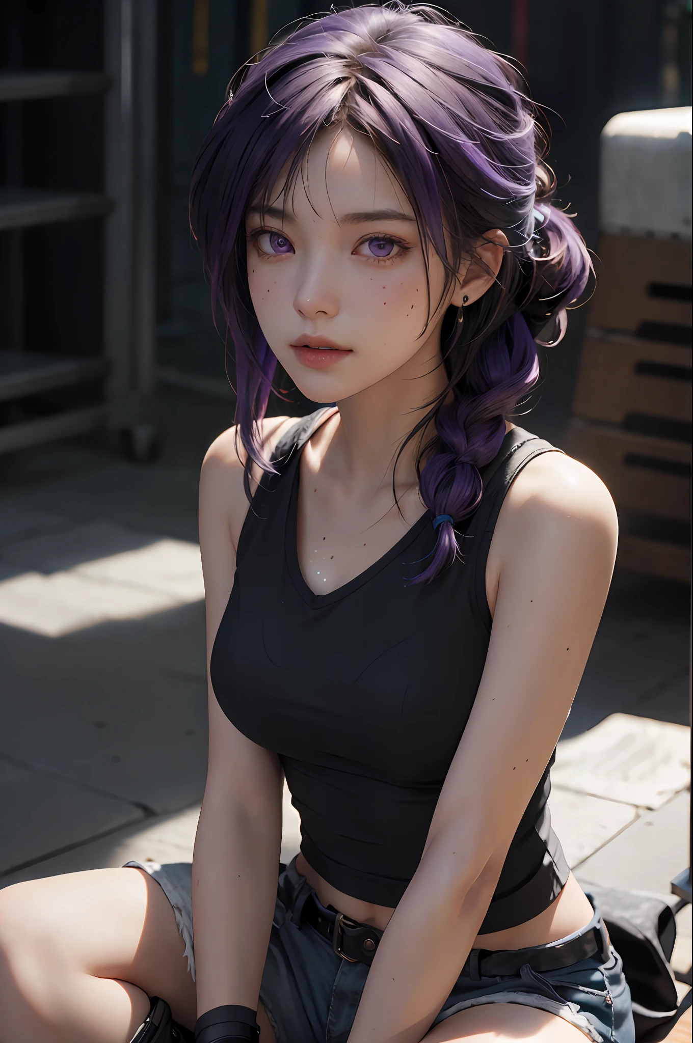 (Photorealistic:1.4), RAW photo, 1girll, Purple eyes, Purple hair, Laura Tomb Raider costume, Shorts, Boots,deepshadow, Detailed face, Detailed eyes, Depth of field, Bokeh, vibrant detail, finely detailed, Hyperrealistic, 35mm film, Hazy and blurry,Upper body,, Masterpiece,Ultra photo realsisim,32K,Extremely detailed Cg Unity 8K wallpaper, Best quality