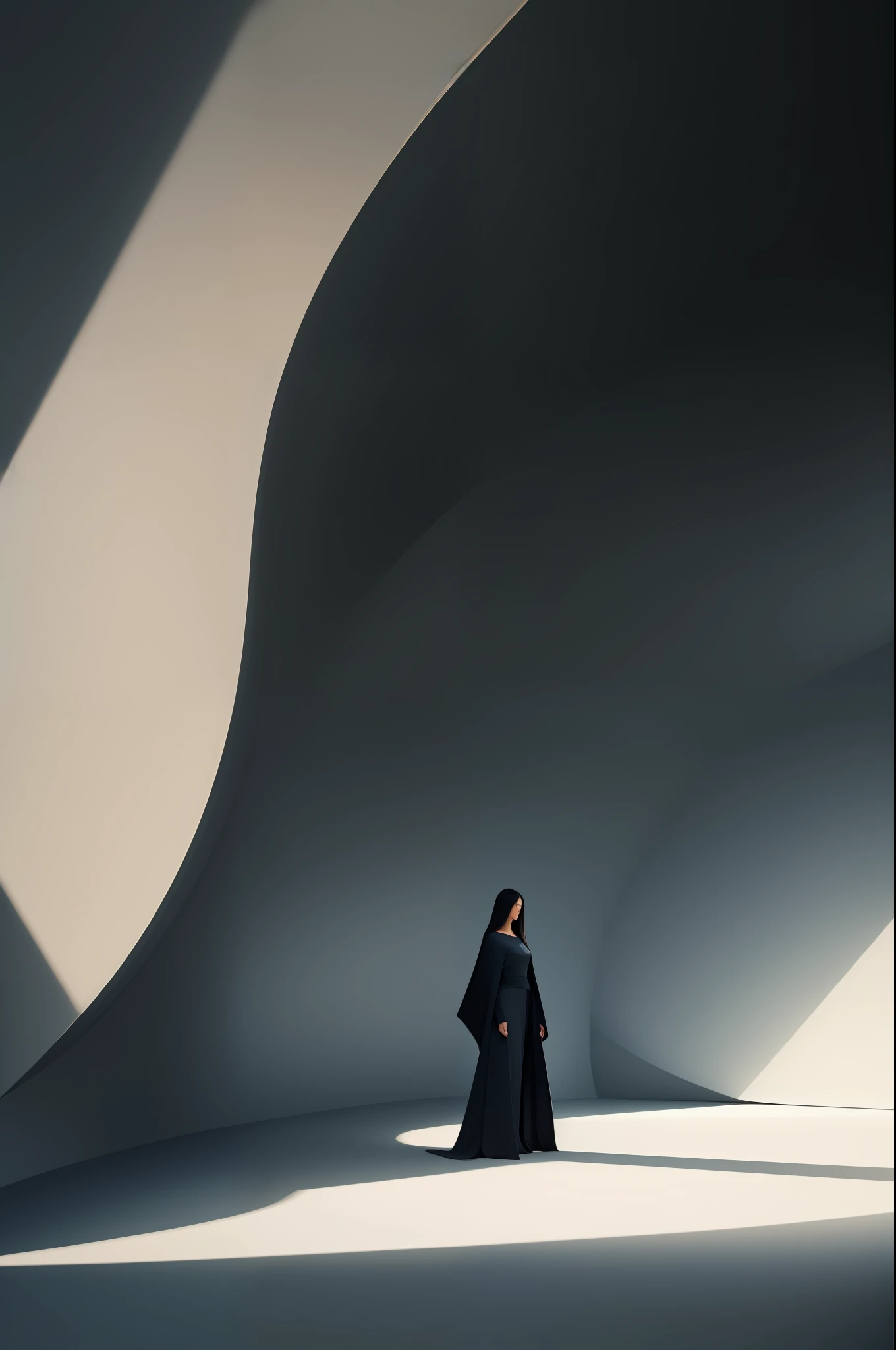 A curved empty space，Smooth walls，Texture silky 1.4，lisses，People are small，Lots of space，Strong contrast，curving，deep colour，darkly，Majestic，Best Picture Quality，A villain stands on the ground，A tranquil，Peaceful，downy，softness，Photography level，Soft light，Silky，8k，Studio quality