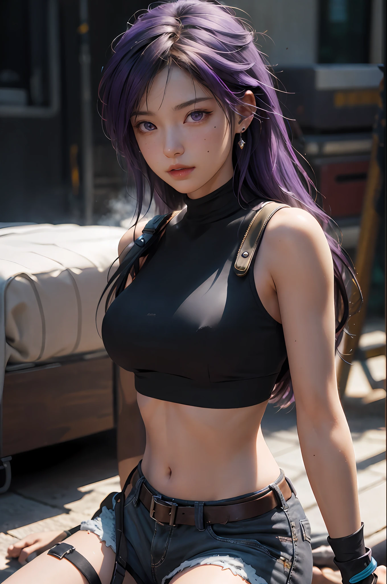 (Photorealistic:1.4), RAW photo, 1girll, Purple eyes, Purple hair, Laura Tomb Raider costume, Shorts, Boots,deepshadow, Detailed face, Detailed eyes, Depth of field, Bokeh, vibrant detail, finely detailed, Hyperrealistic, 35mm film, Hazy and blurry,Upper body,, Masterpiece,Ultra photo realsisim,32K,Extremely detailed Cg Unity 8K wallpaper, Best quality