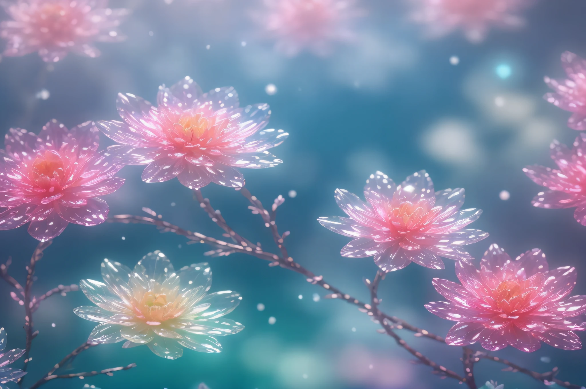 Crystal spring flower,Pink white gradient,water drop,Fantastical, galaxies, Transparent,, Pink white gradient,water drop,Light blue leaves,Sparkle, Sparkle, brilliance, aqua,colorful, Magical photography of light blue leaves, dramatic illumination, Photo realism, Ultra detailed, 4k, depthoffield, high resolusion