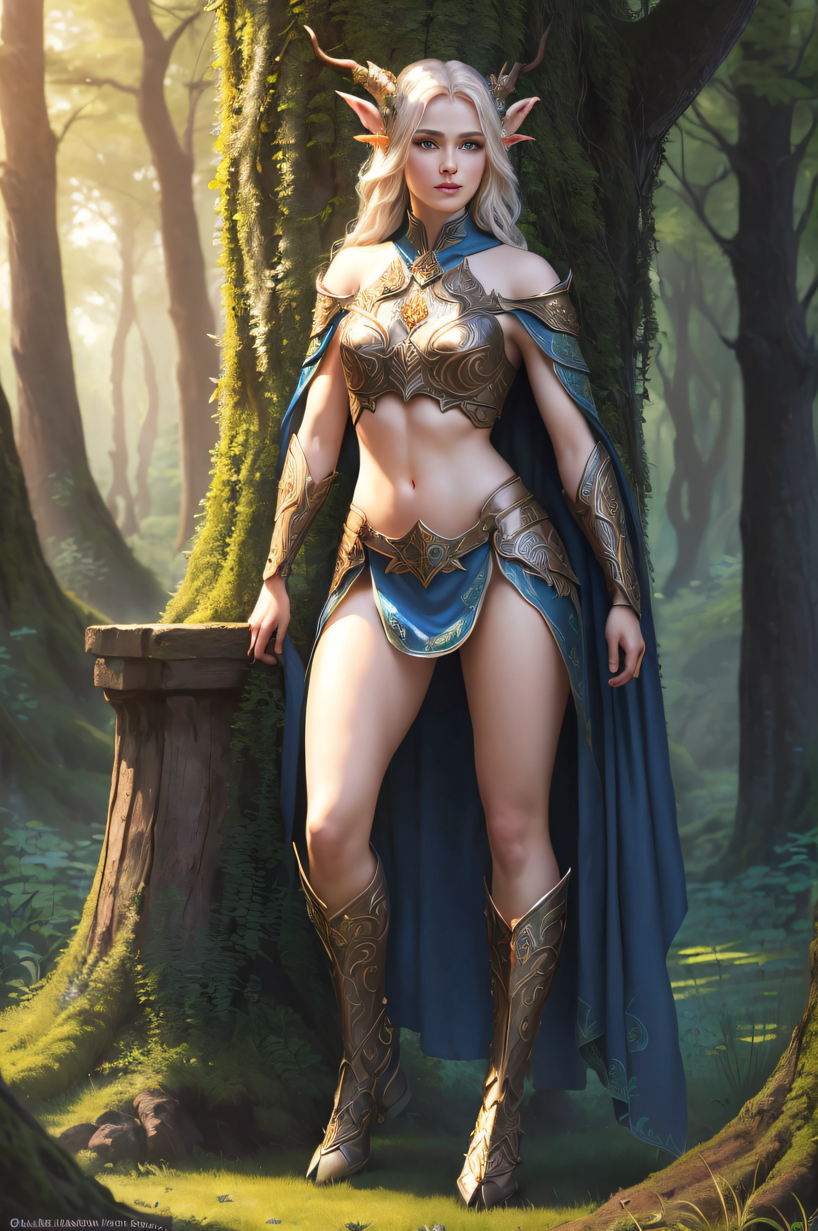 Woman in a blue cape and armor standing in a forest, Cavaleiro elfo sedutor da princesa, Rainha da Floresta, elven warrior princess, mulher da fantasia, fantasia paladin mulher, rainha elfa, forest hunter lady, Deusa da Floresta, Norse goddess, uma guerreira loira sexy, Elfo Feminino, muscular female druid, de um elfo de anel elden