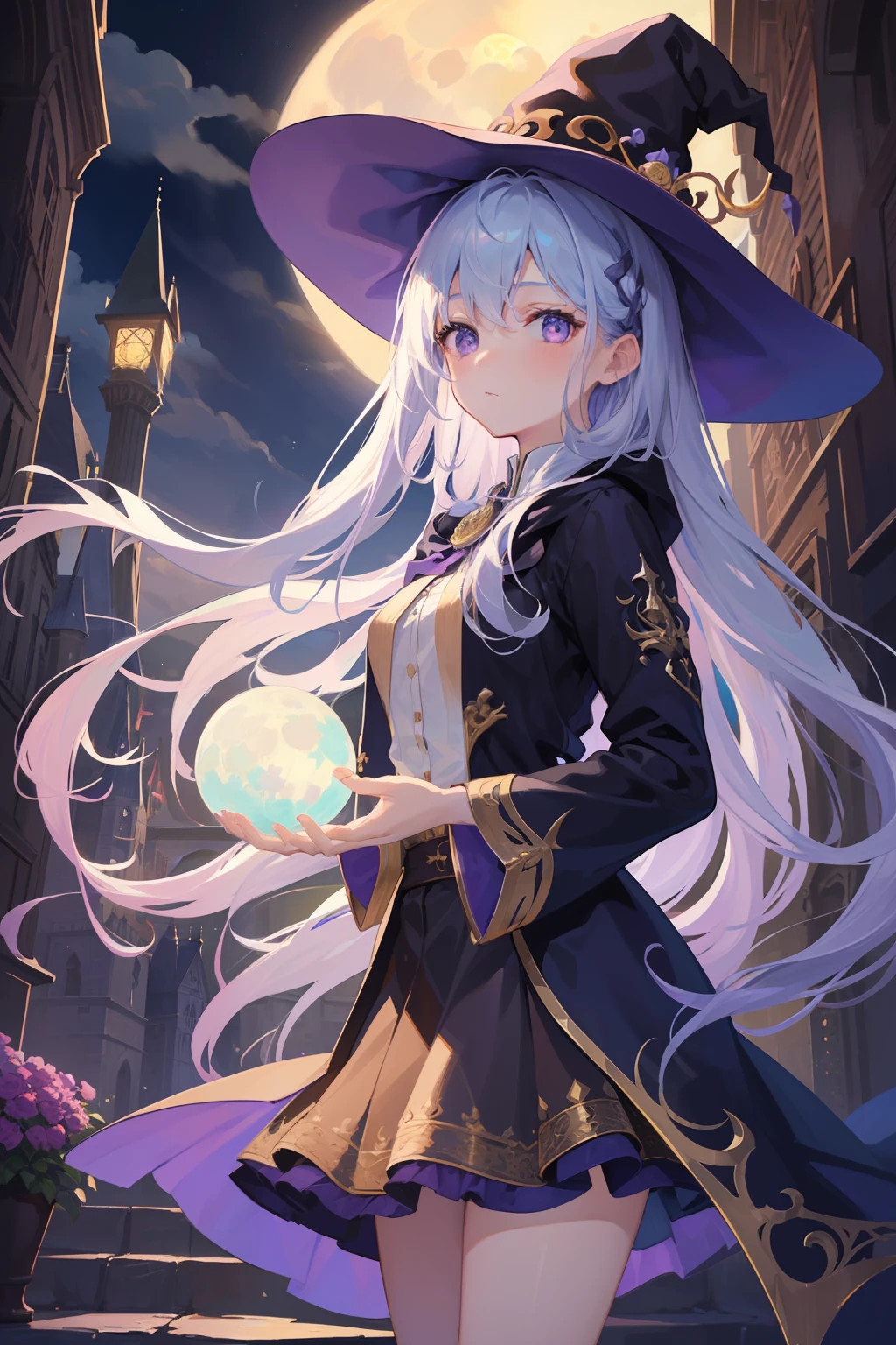 1 girl in、Light blue long hair、half up、(Purple eyes)、witch's hat、Harry Potter robes、Knee-length skirt、Drawn from diagonally in front、Looking at the camera、Stuffed cat、fullmoon、Castles、Using magic、Light on the hand、(High resolution of the highest quality)、((Masterpiece Highest Quality:1.2))
