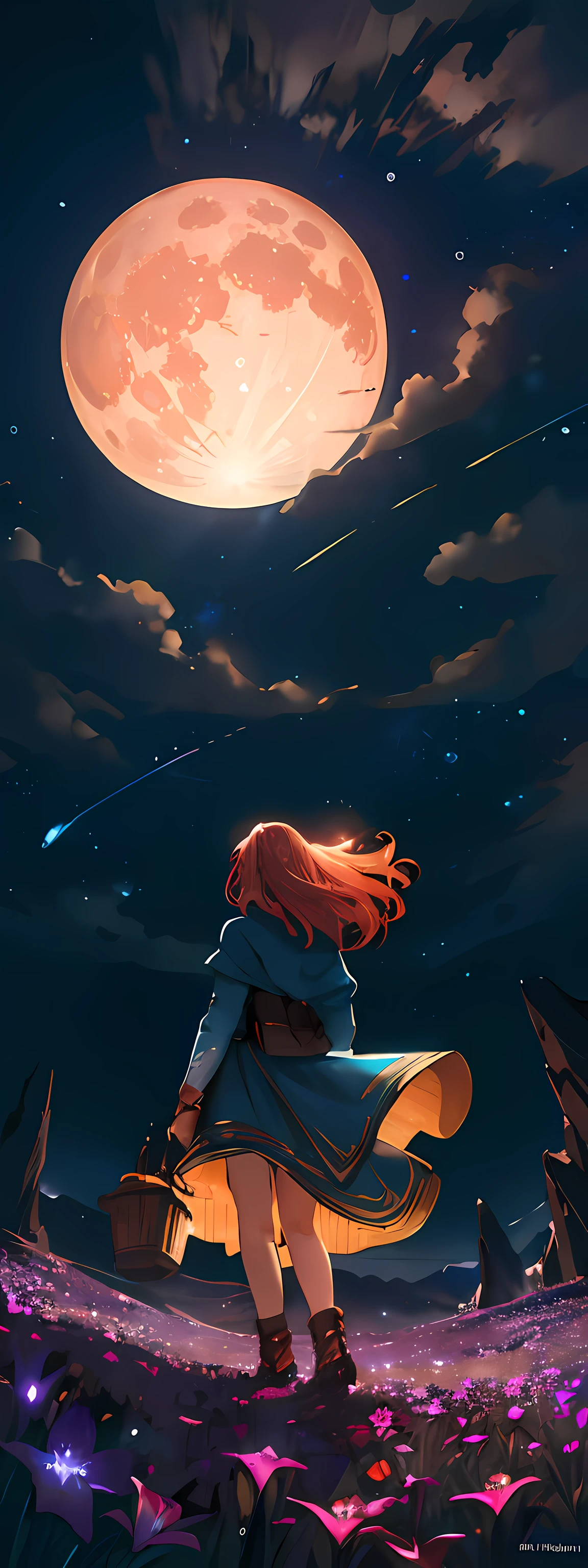 expansive landscape photograph , (a view from below that shows sky above and open field below), a girl standing on flower field looking up, (full moon:1.2), ( shooting stars:0.9), (nebula:1.3), distant mountain, tree BREAK
production art, (warm light source:1.2), (Firefly:1.2), lamp, lot of purple and orange, intricate details, volumetric lighting, realism BREAK
(masterpiece:1.2), (best quality), 4k, ultra-detailed, (dynamic composition:1.4), highly detailed, colorful details,( iridescent colors:1.2), (glowing lighting, atmospheric lighting), dreamy, magical, (solo:1.2)