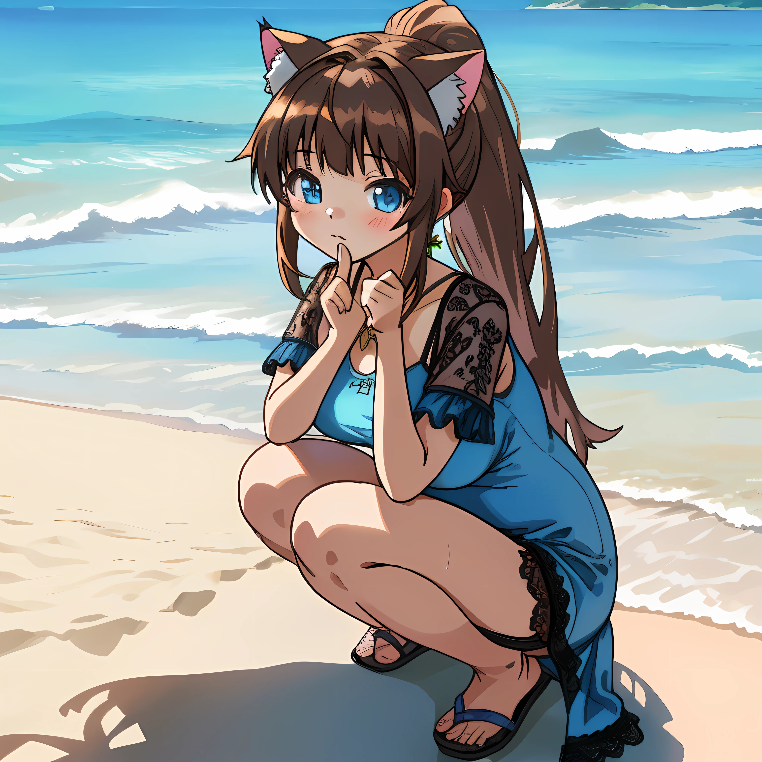 (Highly detailed CG Unity 8k wallpaper), (Best Quality), (Super Detail), (Best Illustration), (Best Shadow), POV, Realistic lighting and shading, Natural light, Lens flare effect, BREAK, 1 beautiful girl, Solo,(Cute:1.5),(Chibi:0.8), (kawaii:1.5),(Lori:0.5), BREAK,  ( (17 years old girl), Very detailed, colourfull, highest details, BREAK, (Huge breasts: 1. 2,), Clear skin, Beautiful skin, Shy skin, 1 beautiful girl, Brown hair, (Cat ears, Ponytail, medium-Long hair: 1. 2), (Light blue eyes, long eyelashes, Double eyelids: 1. 2), Solo,  gleaming skin, BREAK,(Wet Casual Beachwear:1.2), (lightweight summer one-piece dress:1.2), (a straw fedora hat:1.0), (flipflops:1.0), (star-shaped earring:1.1), (Lace headband:1.0), (Cute Accessories:1.3), (🦀pinch the index finger with scissors,Pained face:1.1), (Casual pose, Squatting,Black lace panties are visible:1.3), (Beach background:1.3), (Holding a large float with both arms:1.1), BREAK,🌇,