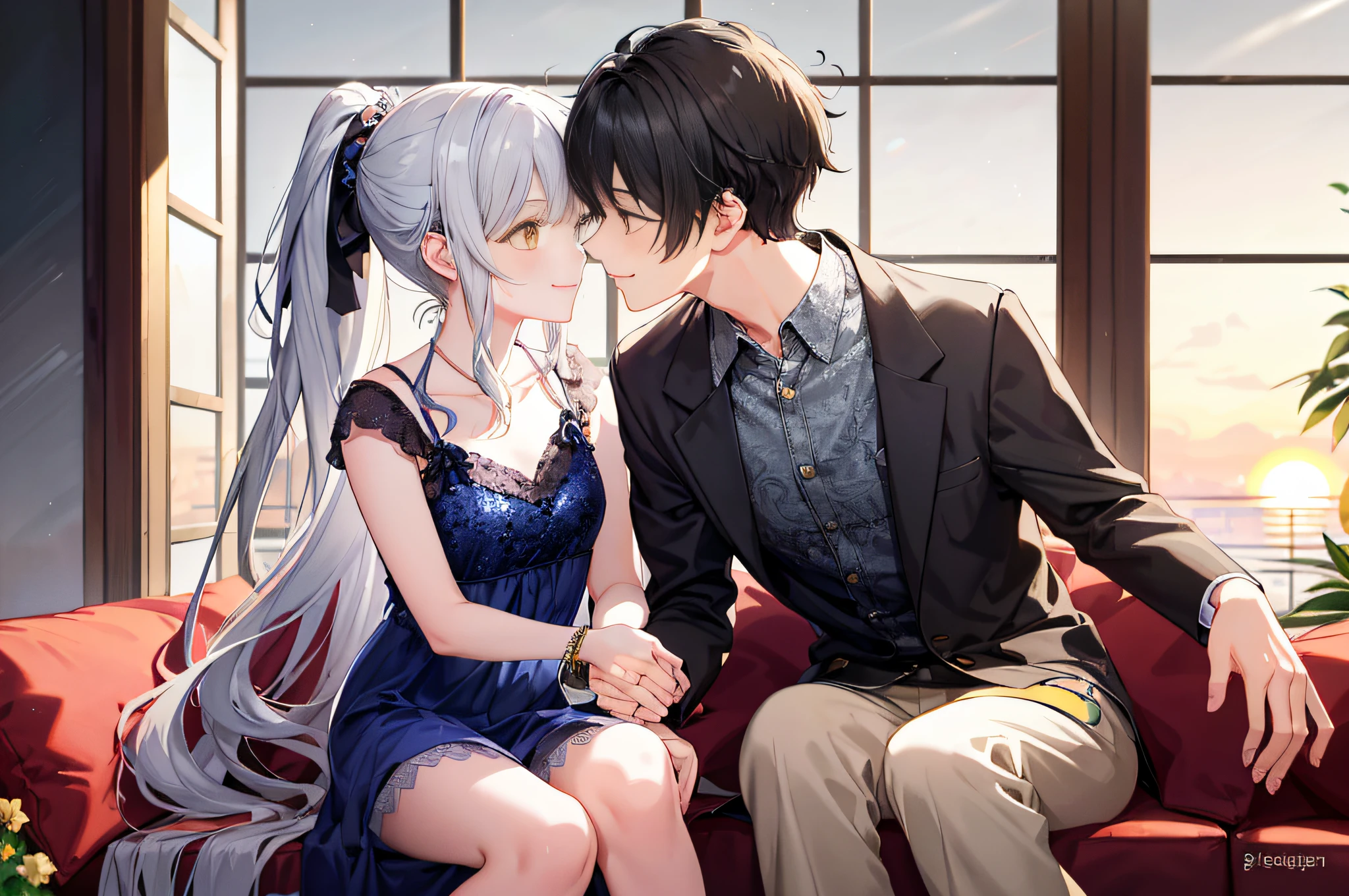 1 short black hair brown eyes male boy in full spring outfit and 1 long messy curly wavy silver hair high ponytail yellow eyes squirming girl in full spring dress juliet long slevess smiling, (Boy with girl smiling), (Boy with girl smiling and loviling)