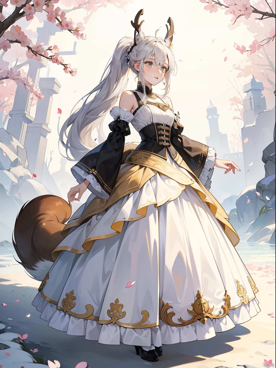 Full body standing painting,tmasterpiece,high qulity,Stuffed animal ears,The tail is a giant squirrel tail, Same color as ears, But the white part is whiter than the hair (Close to pure white)It is also draped with irregular petals,The antlers are brown and curved, The hair is white overall, There are irregular yellow and black pickaxes, Low hairstyle, There is a small braid on the right side of the ponytail, Irregular petals fall on the head, The neckline is a bell, The chest has a cutout design, The right side of the skirt is different from other fabrics, The fabric is harder,folds, The sleeves have two layers, The inner layer is white,